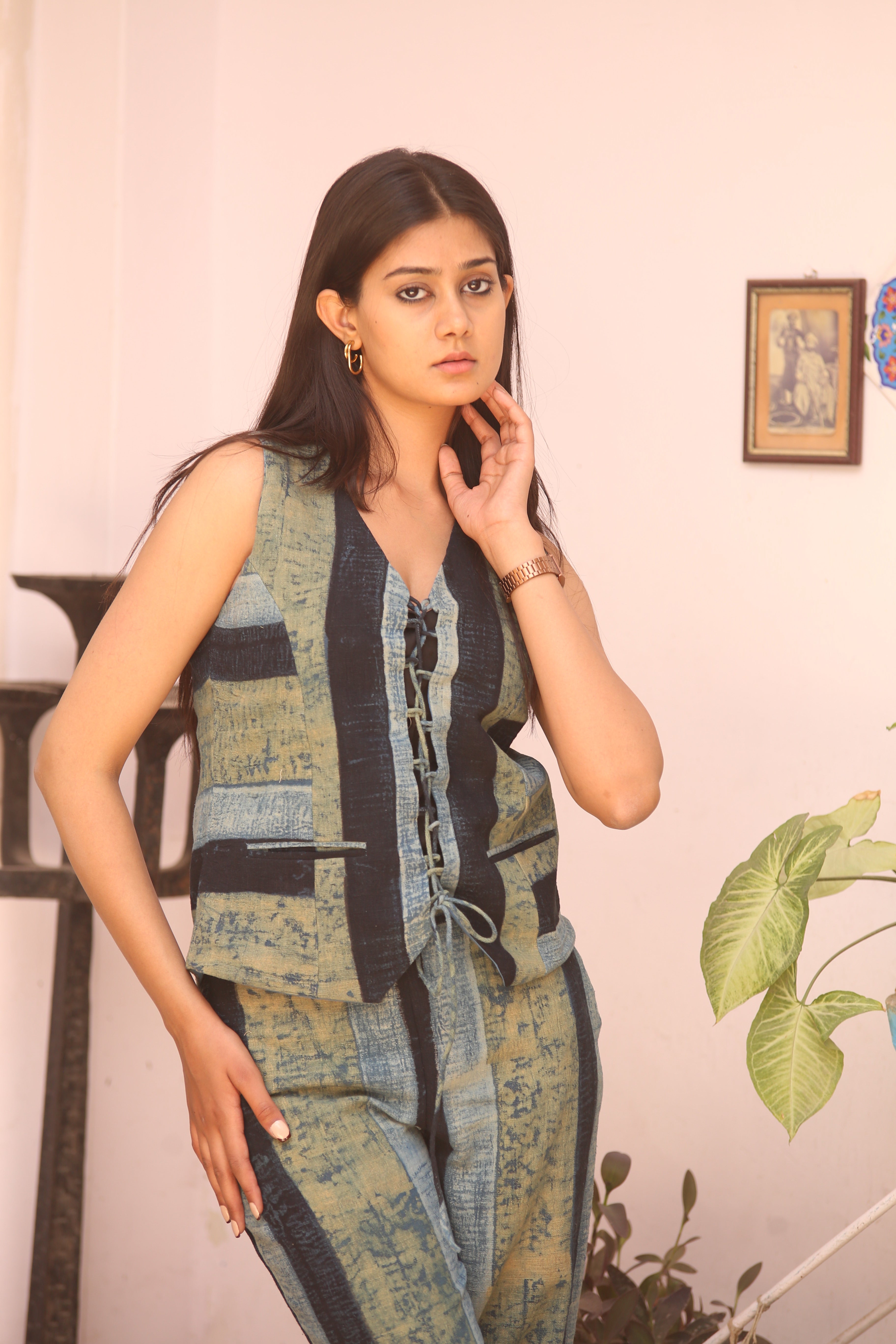 Indigo Striped Textured Tie-Up Kala Cotton Vest - Neela Ghar