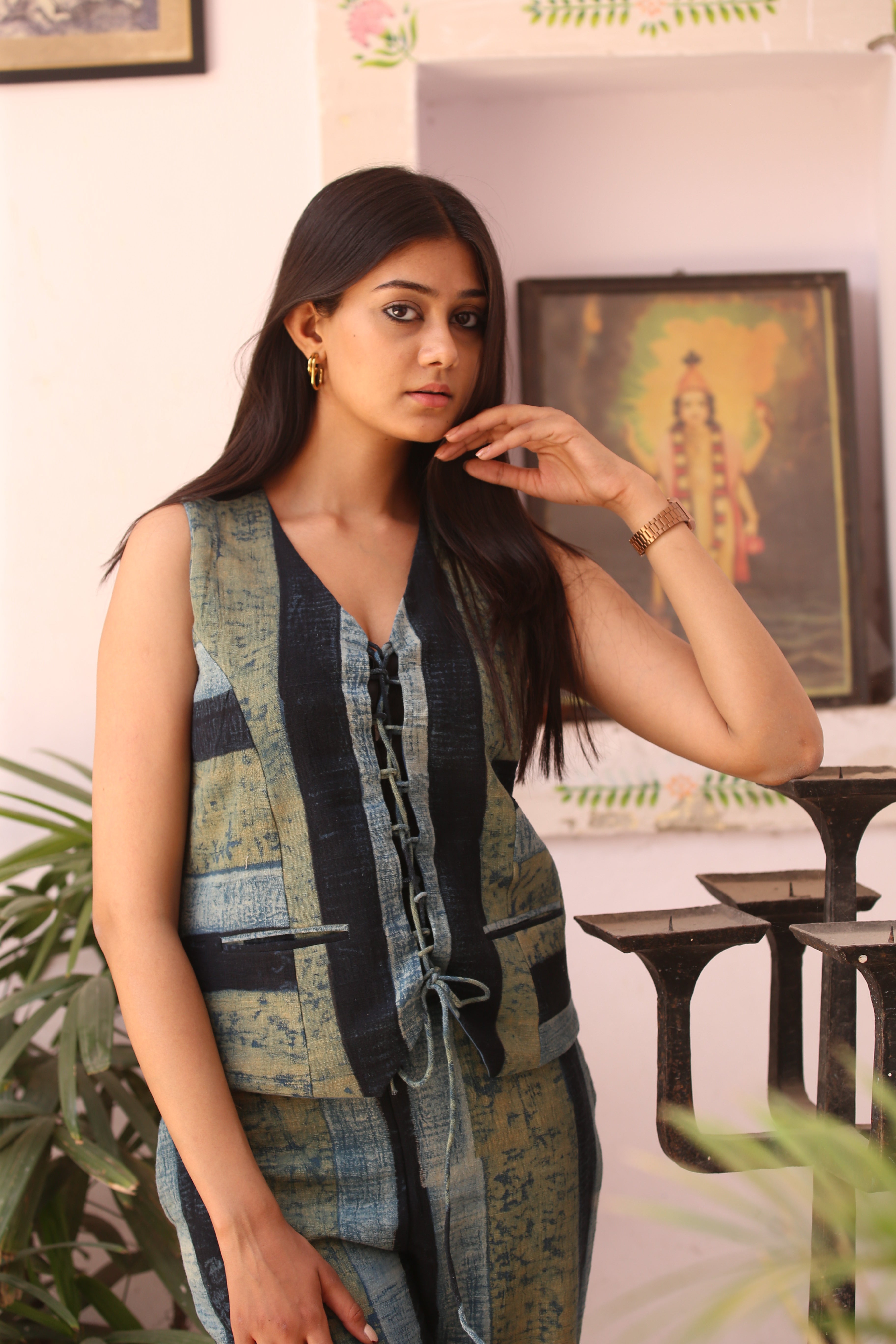 Indigo Striped Tie-Up Kala Cotton Co-Ord Set - Neela Ghar