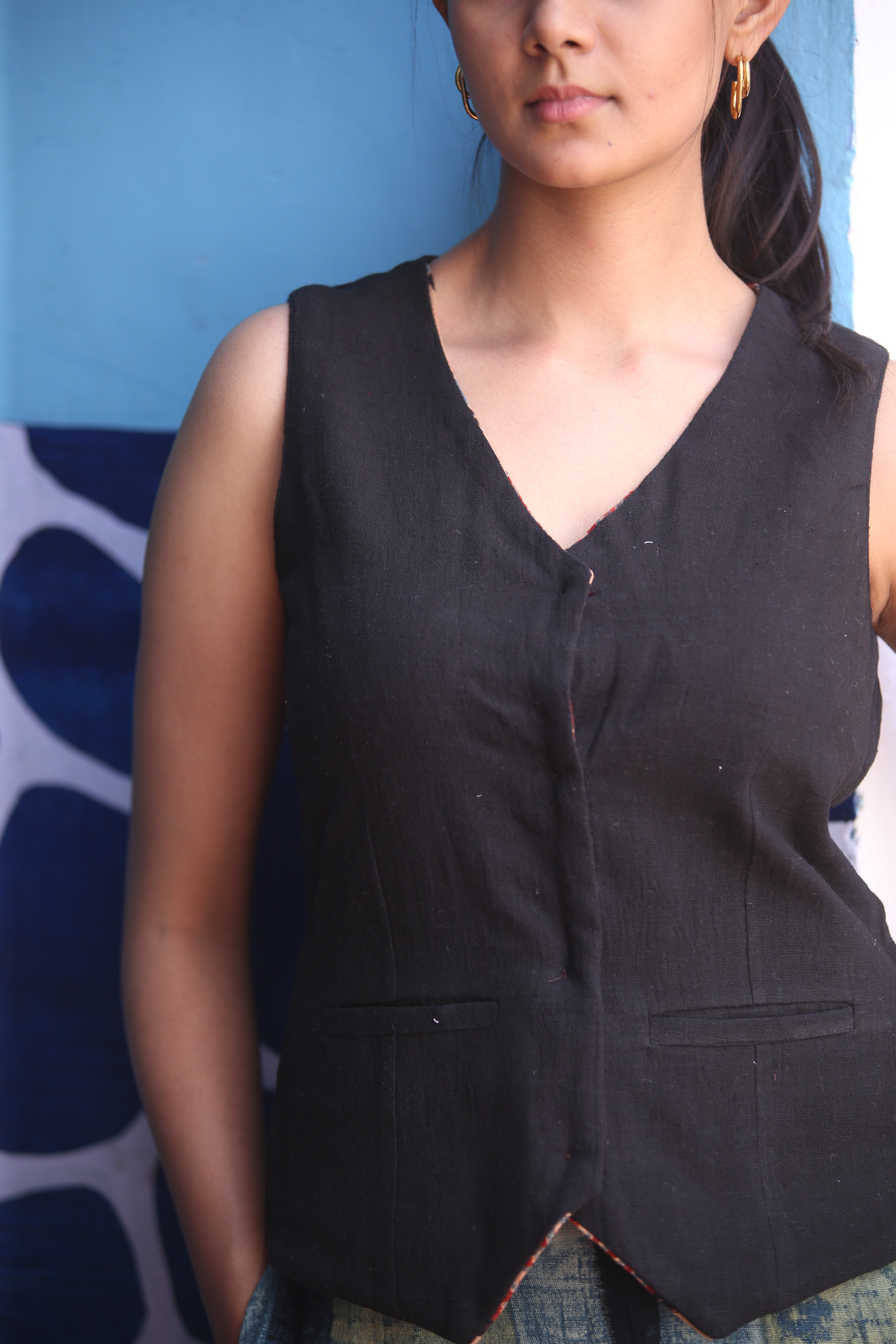Handwoven Black Cotton Vest - Timeless Kala Cotton Apparel - Neela Ghar