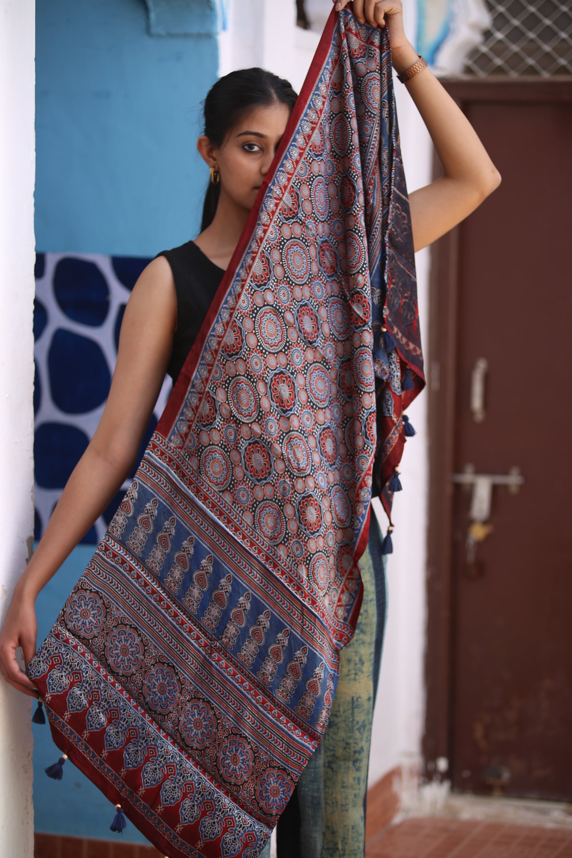 Ajrakh Modal Silk Handblock Printed Stole