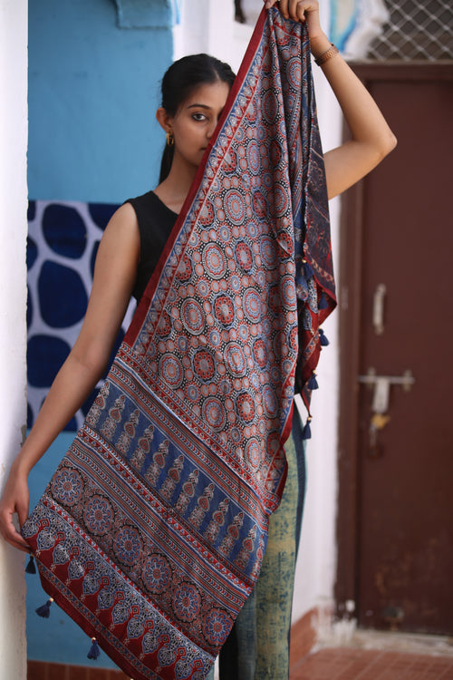 Ajrakh Modal Silk Handblock Printed Stole - Neela Ghar