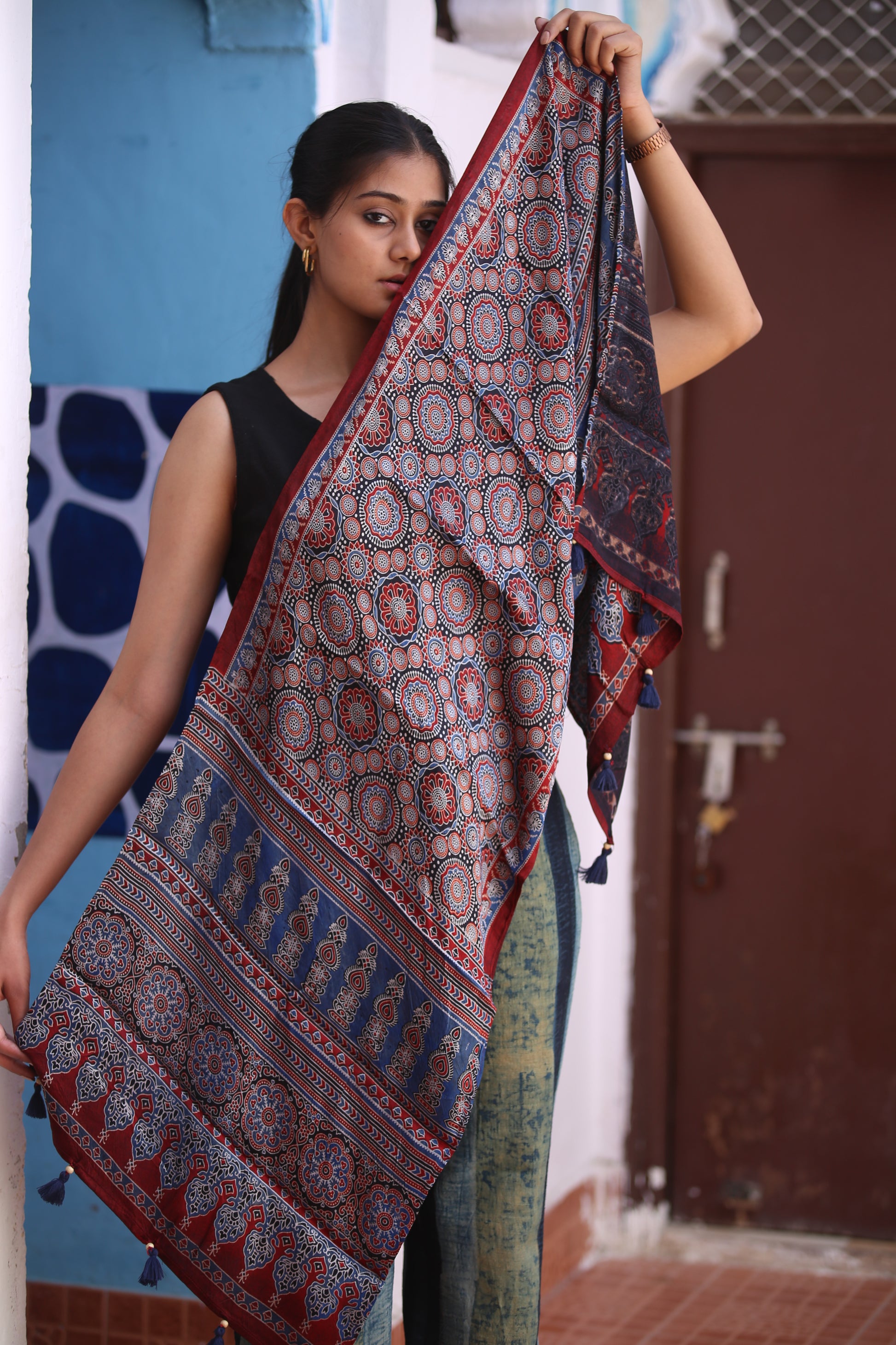 Ajrakh Modal Silk Handblock Printed Stole