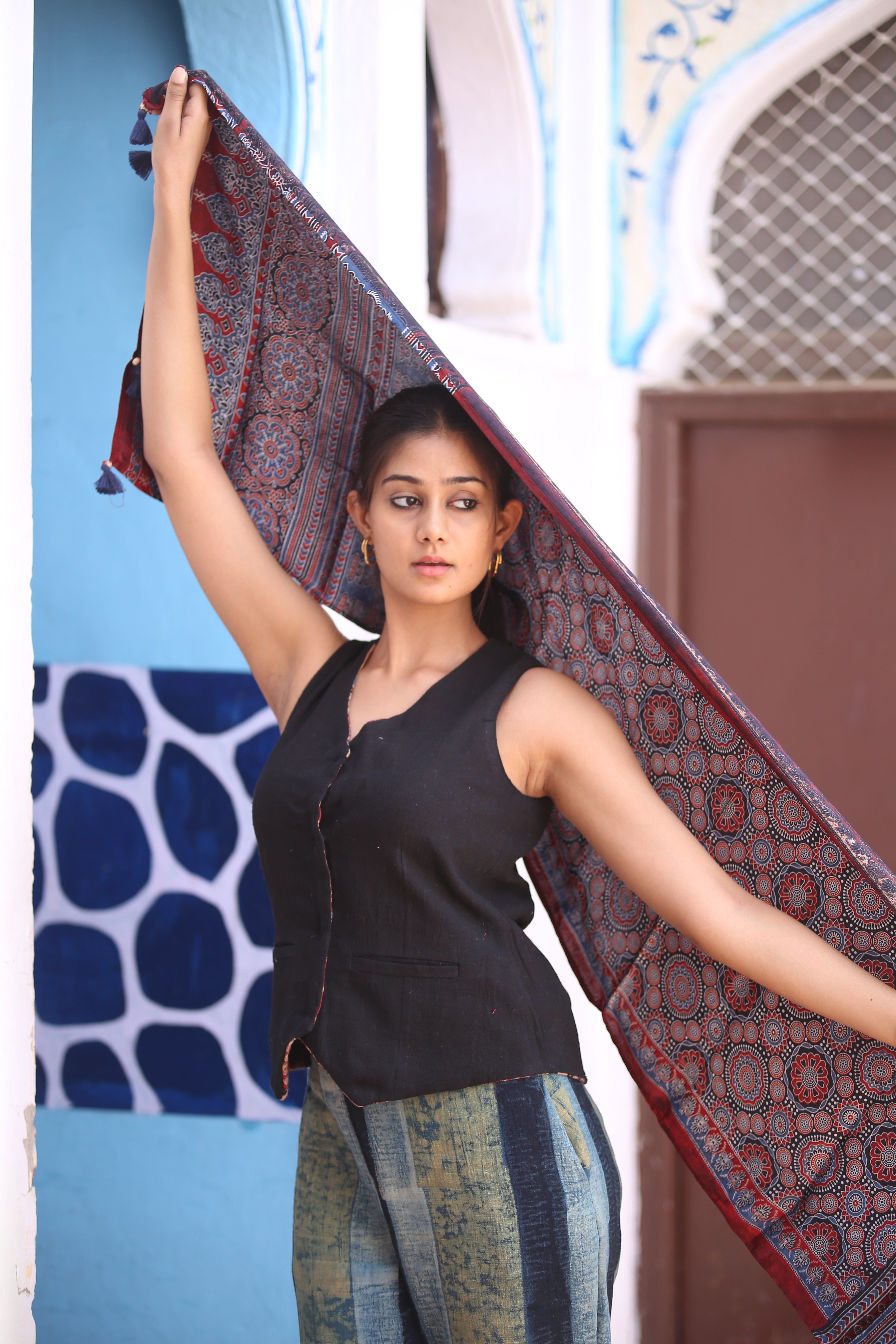 Ajrakh Modal Silk Handblock Printed Stole - Neela Ghar