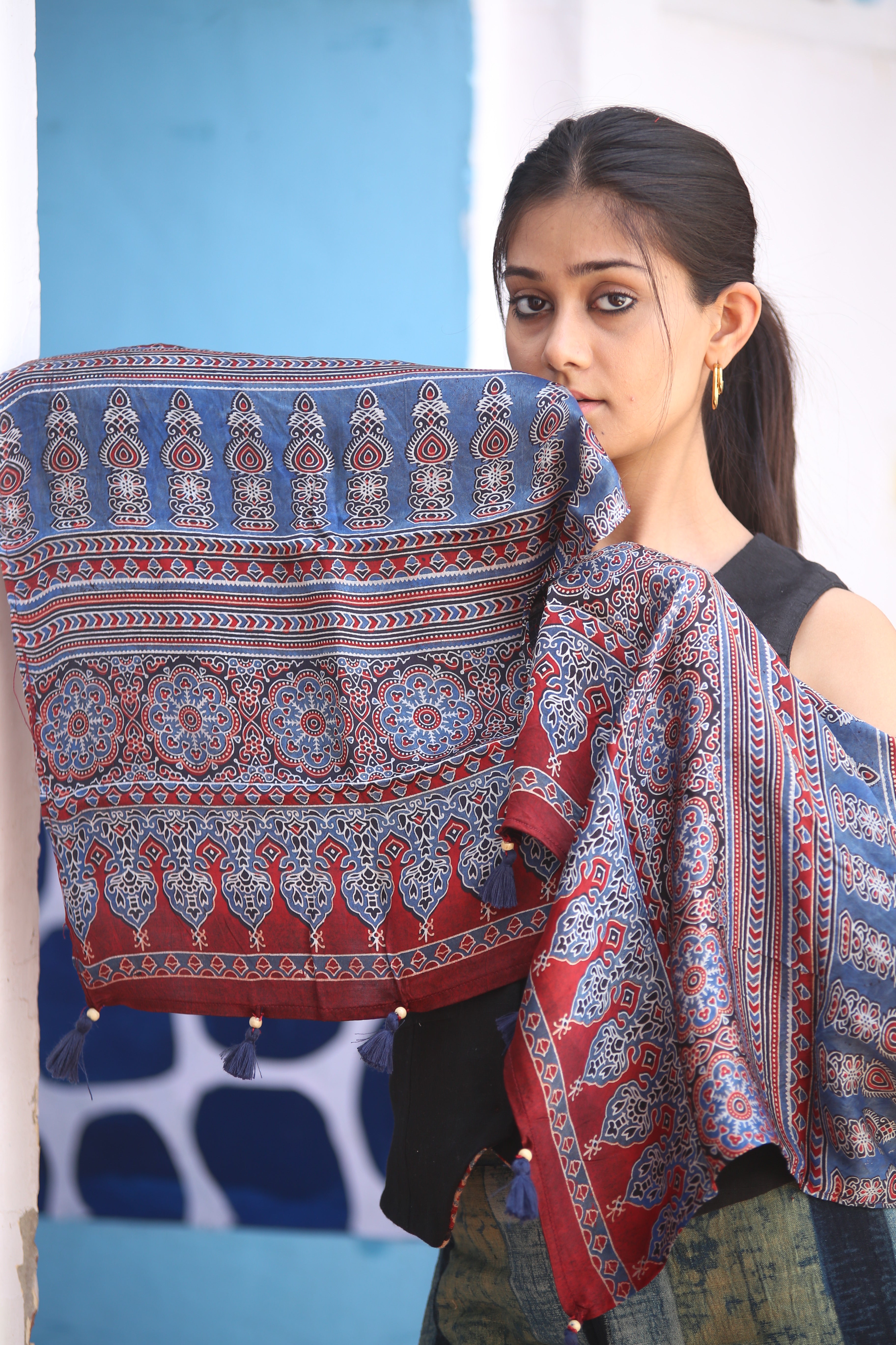 Ajrakh Modal Silk Handblock Printed Stole - Neela Ghar