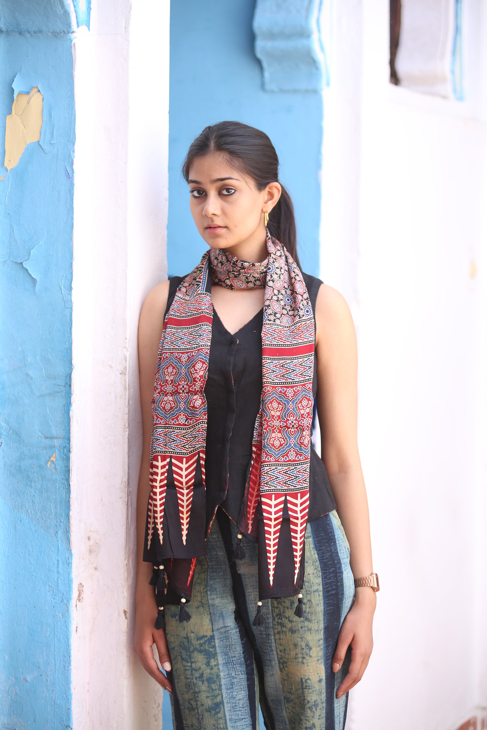 Ajrakh Modal Silk Handblock Printed Stole