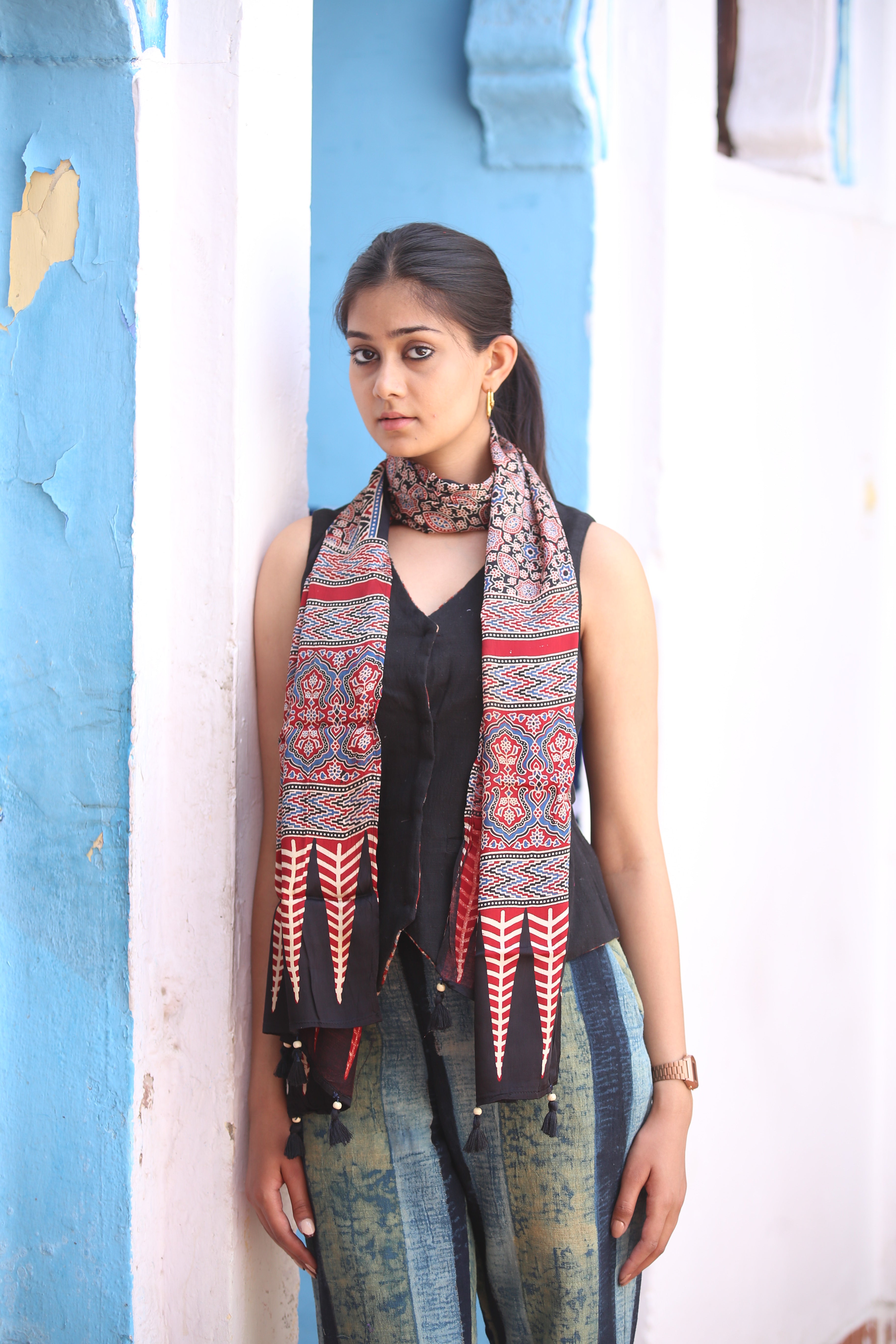 Ajrakh Modal Silk Handblock Printed Stole - Neela Ghar
