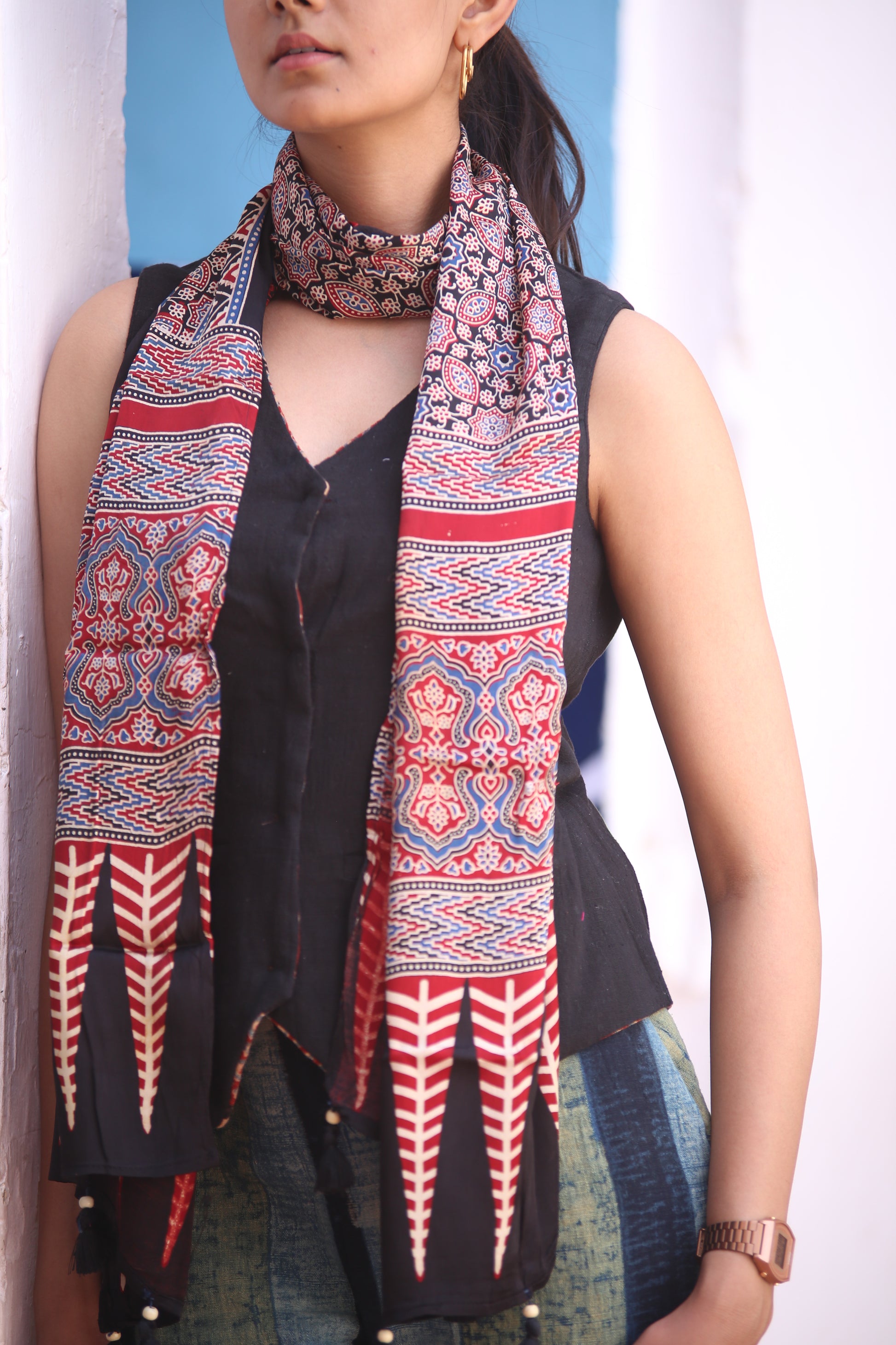 Ajrakh Modal Silk Handblock Printed Stole