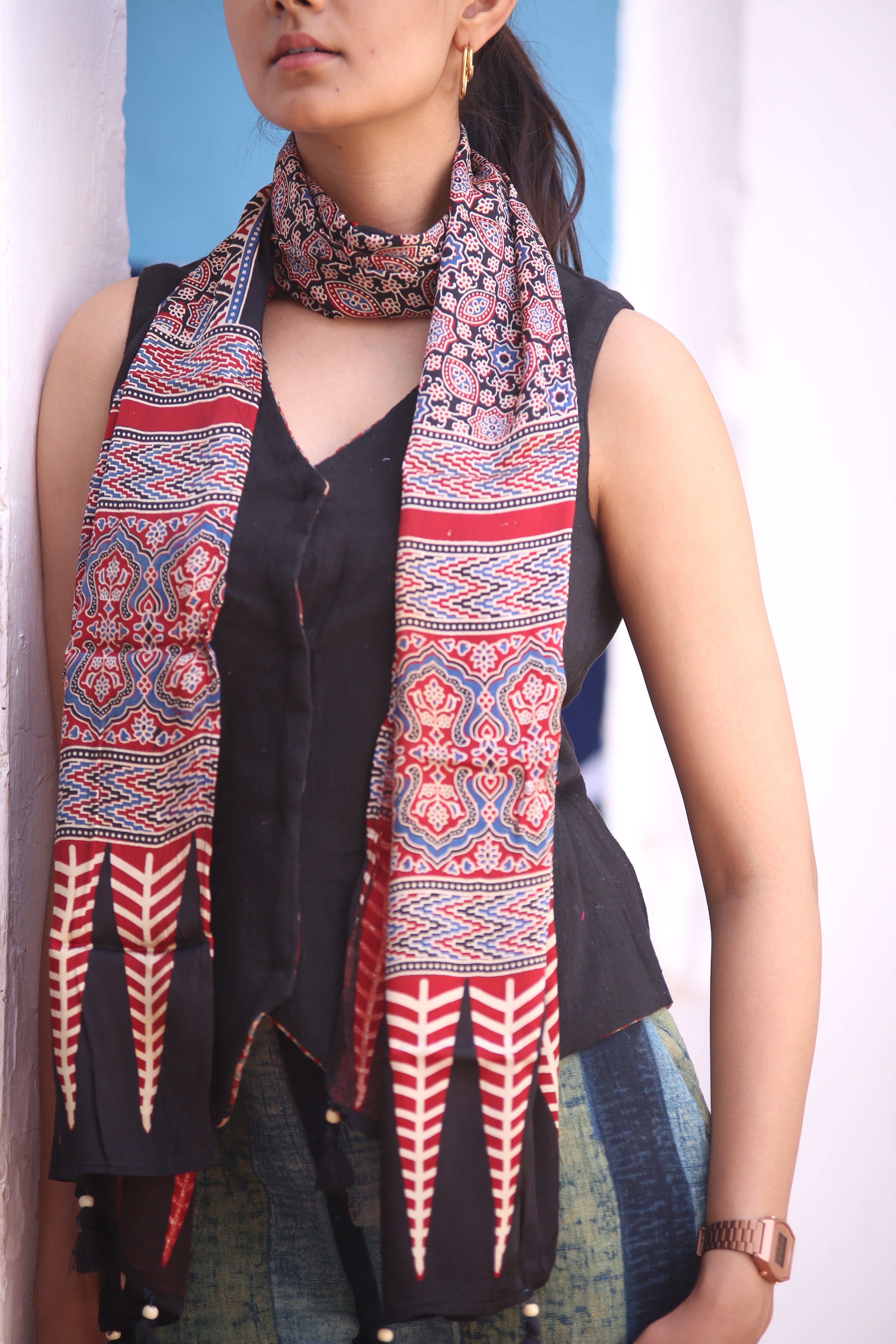 Ajrakh Modal Silk Handblock Printed Stole - Neela Ghar