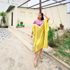 Lemon Yellow/Pink Shibori ombre modal silk kaftan Neela Ghar dress for women