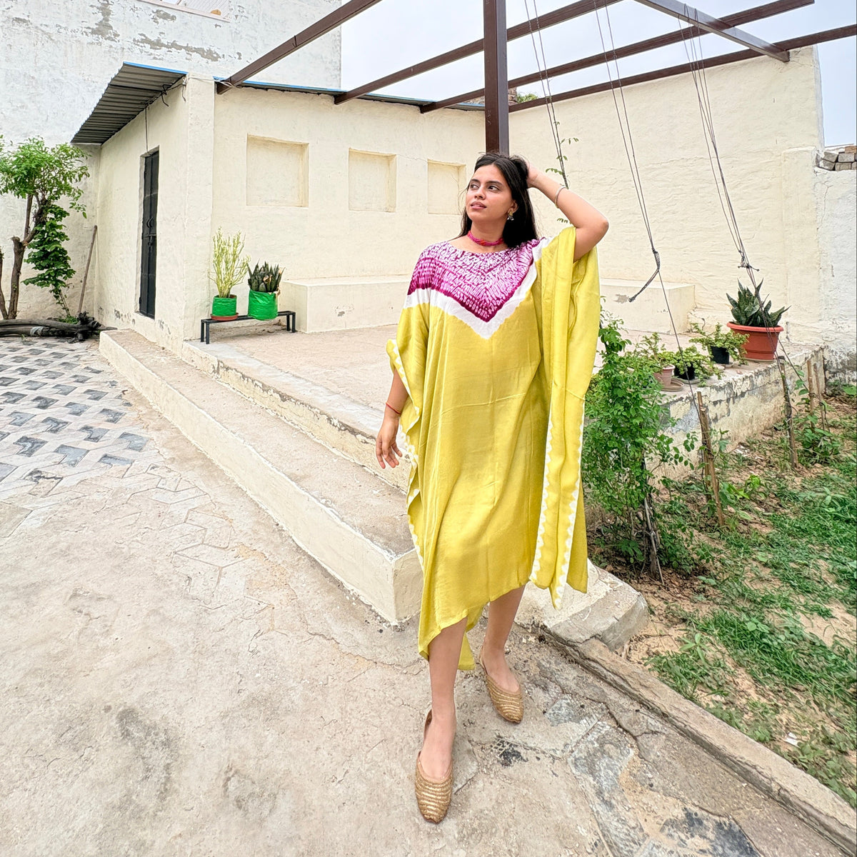 Lemon Yellow/Pink Shibori ombre modal silk kaftan Neela Ghar dress for women