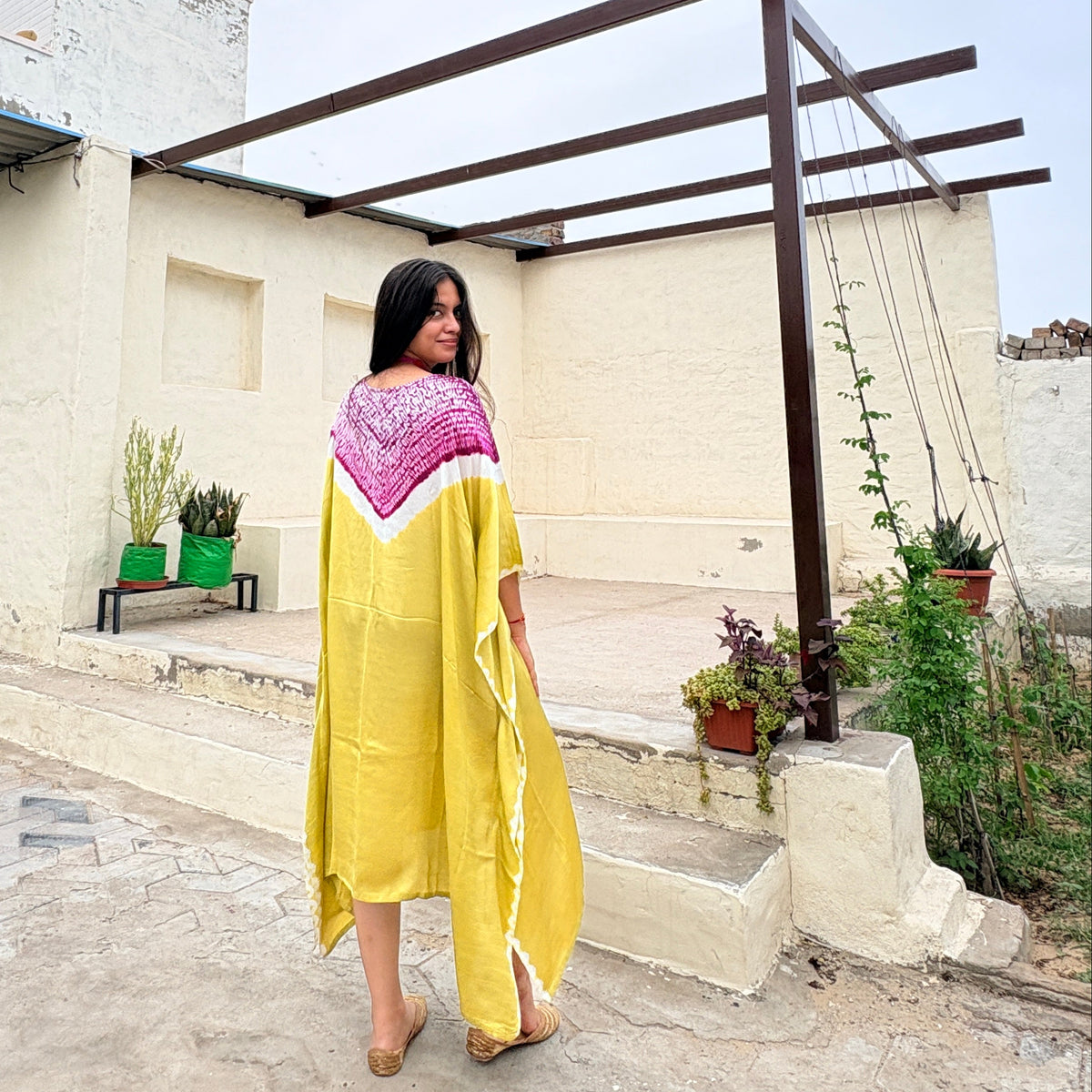 Lemon Yellow/Pink Shibori ombre modal silk kaftan Neela Ghar dress for women