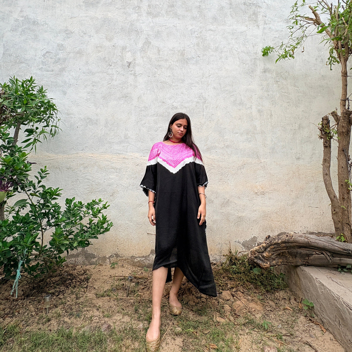 Black/Pink Shibori modal silk kaftan Neela Ghar dress