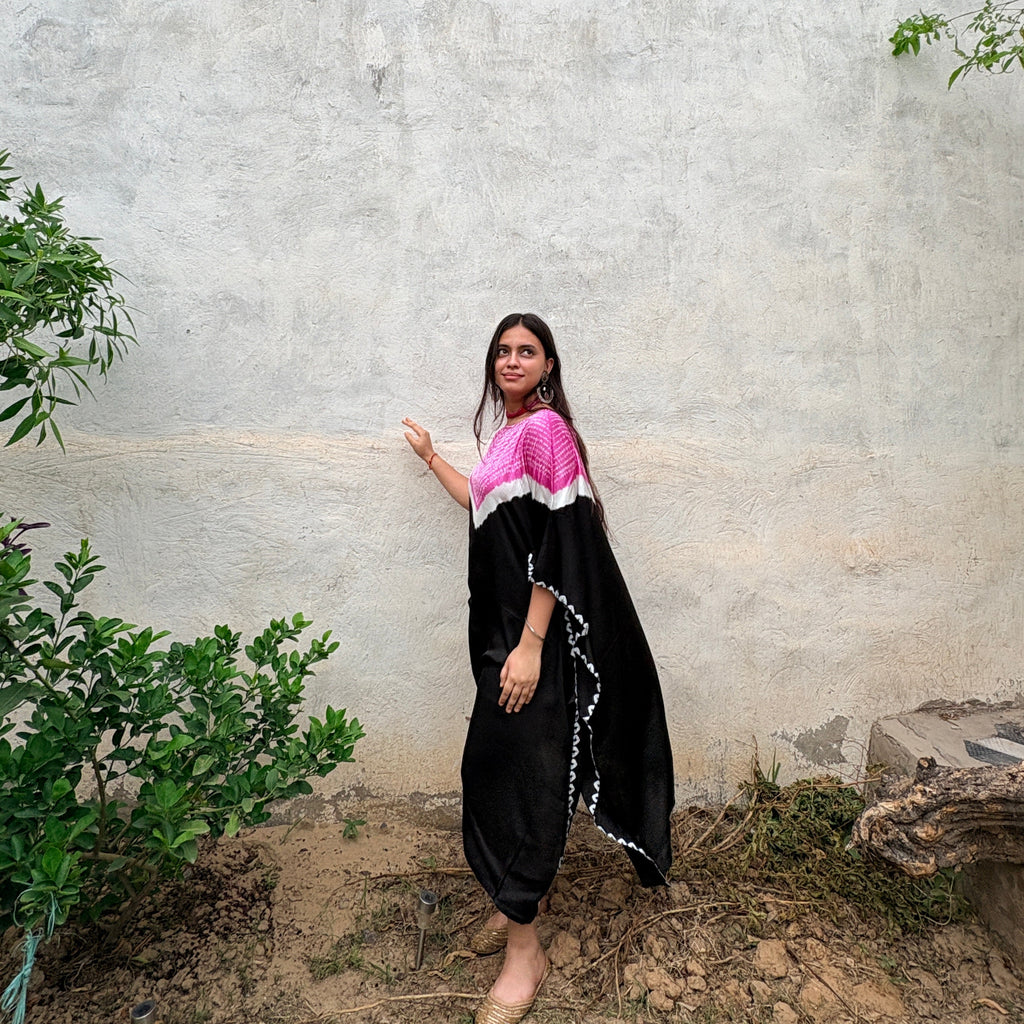 Black/Pink Shibori modal silk kaftan Neela Ghar dress