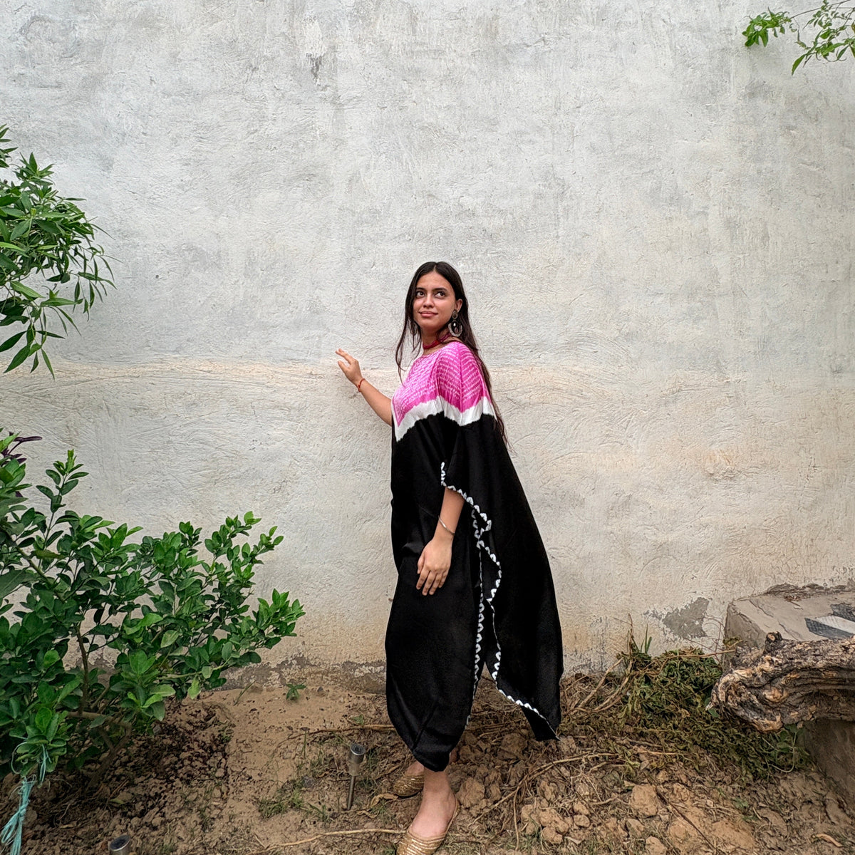 Black/Pink Shibori modal silk kaftan Neela Ghar dress