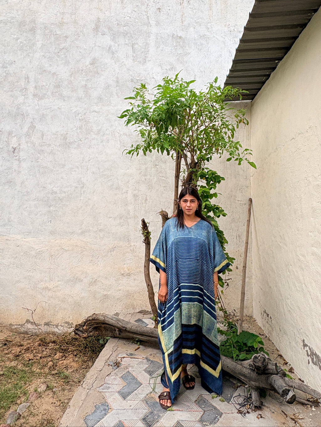 Indigo Microstripes Hand Block Print Ajarakh Kaftan Dress, Modal Silk, Indigo Blue Maxi for Women, Free Size