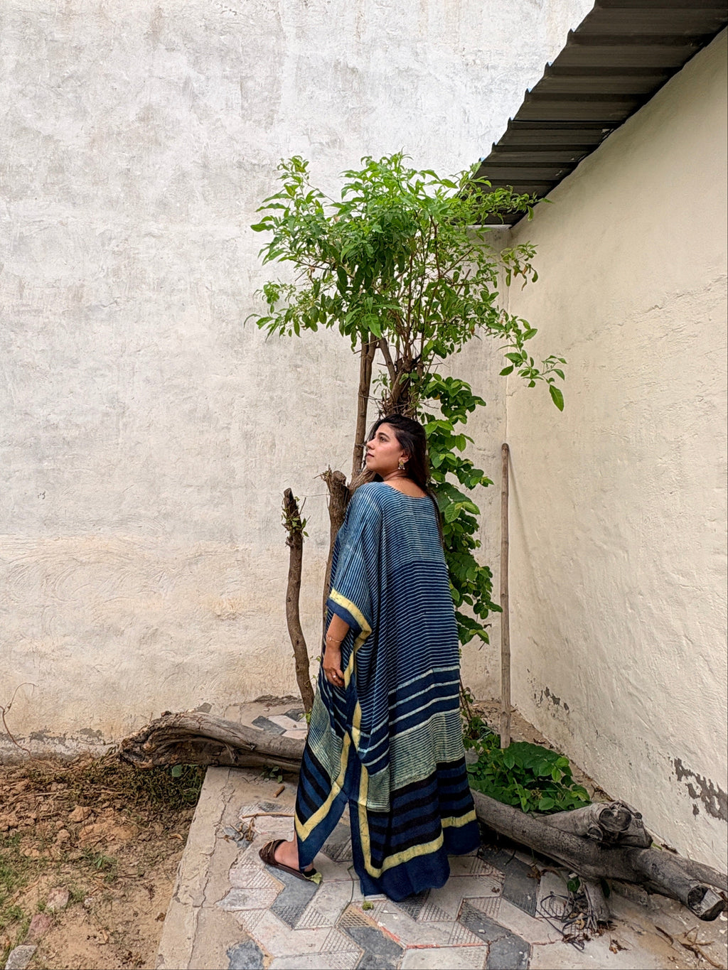 Indigo Microstripes Hand Block Print Ajarakh Kaftan Dress, Modal Silk, Indigo Blue Maxi for Women, Free Size