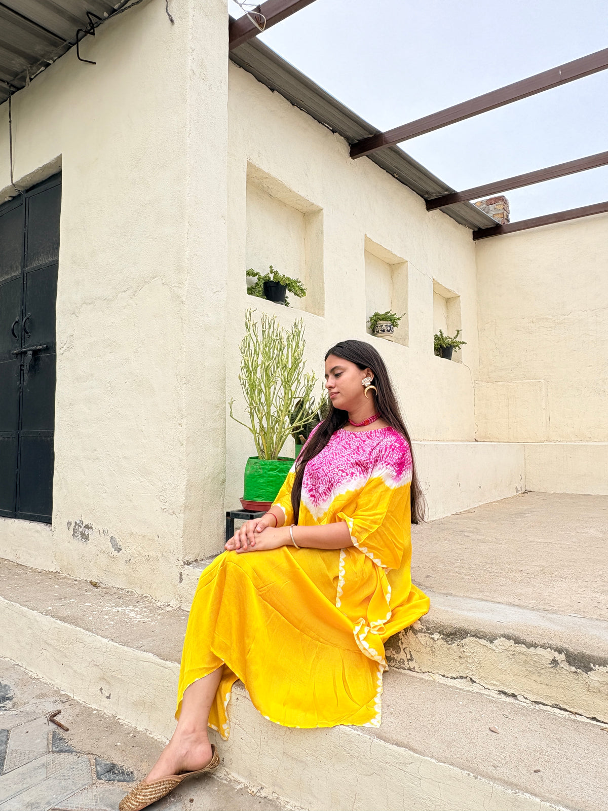 Lemon Yellow/Pink Shibori ombre modal silk kaftan Neela Ghar dress for women