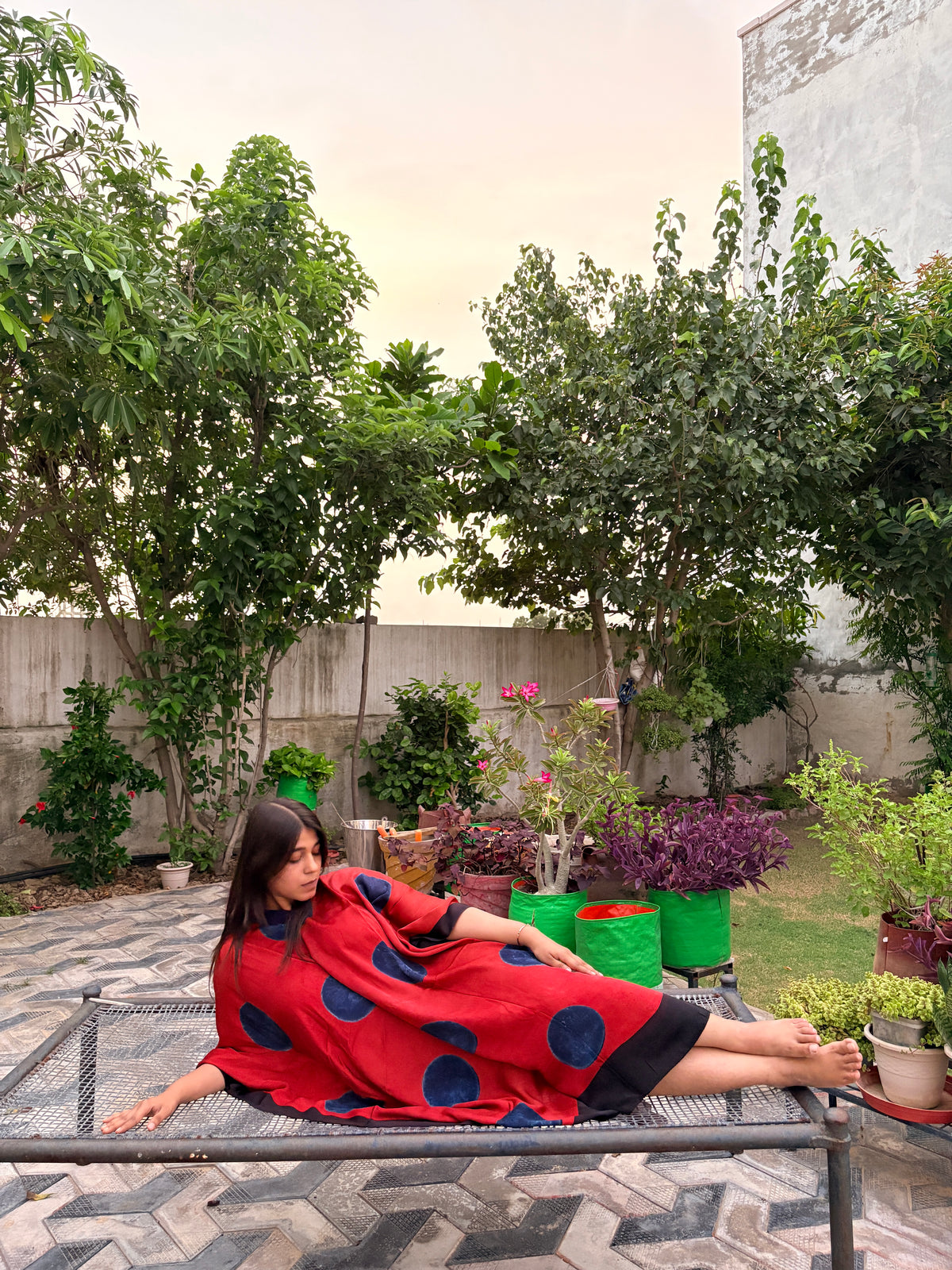 Rust Red/Indigo Polka Ajrakh Handblock Circle Kaftan Dress with Blue V-Collar Patti