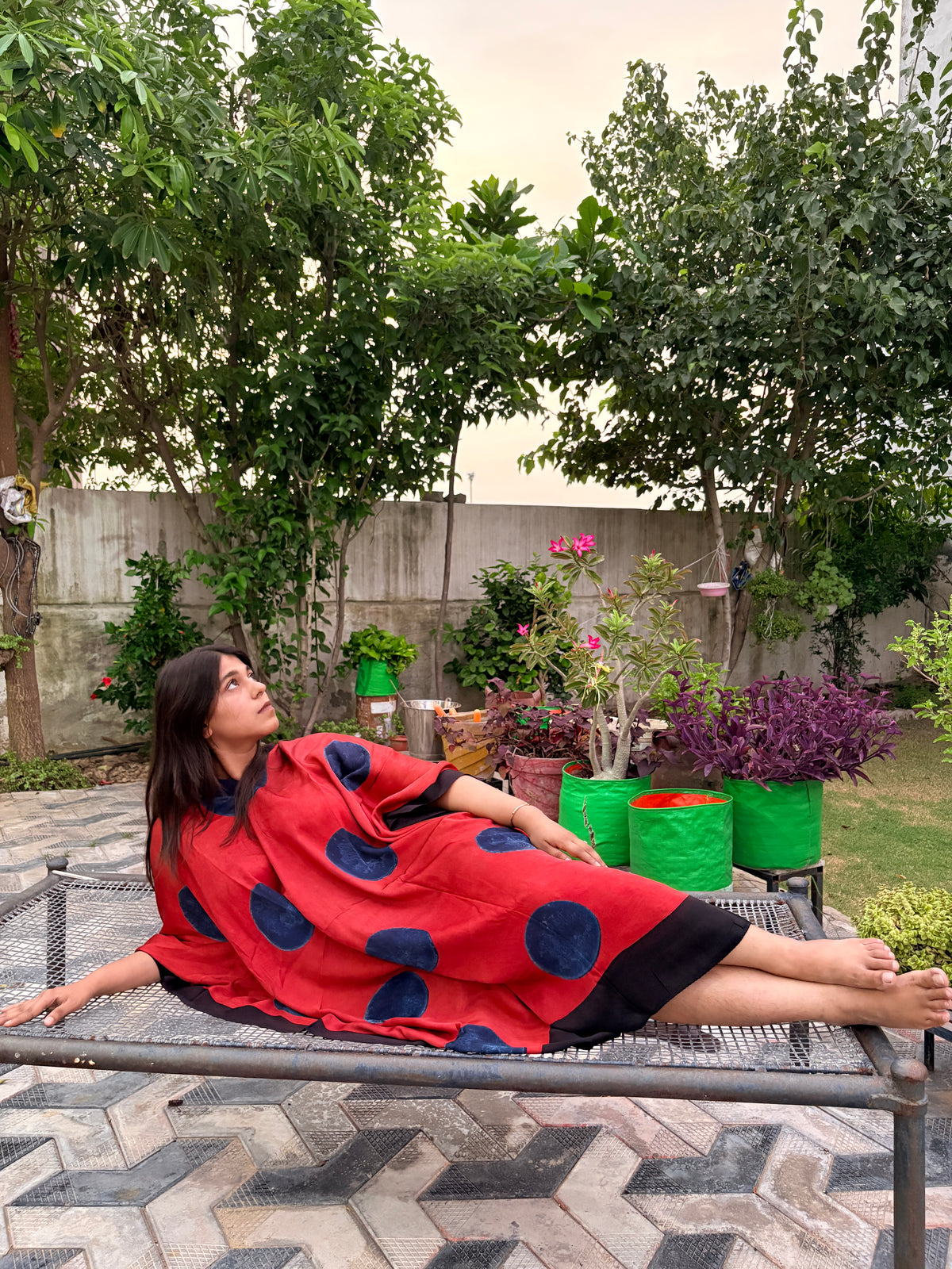 Rust Red/Indigo Polka Ajrakh Handblock Circle Kaftan Dress with Blue V-Collar Patti