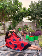 Rust Red/Indigo Polka Ajrakh Handblock Circle Kaftan Dress with Blue V-Collar Patti