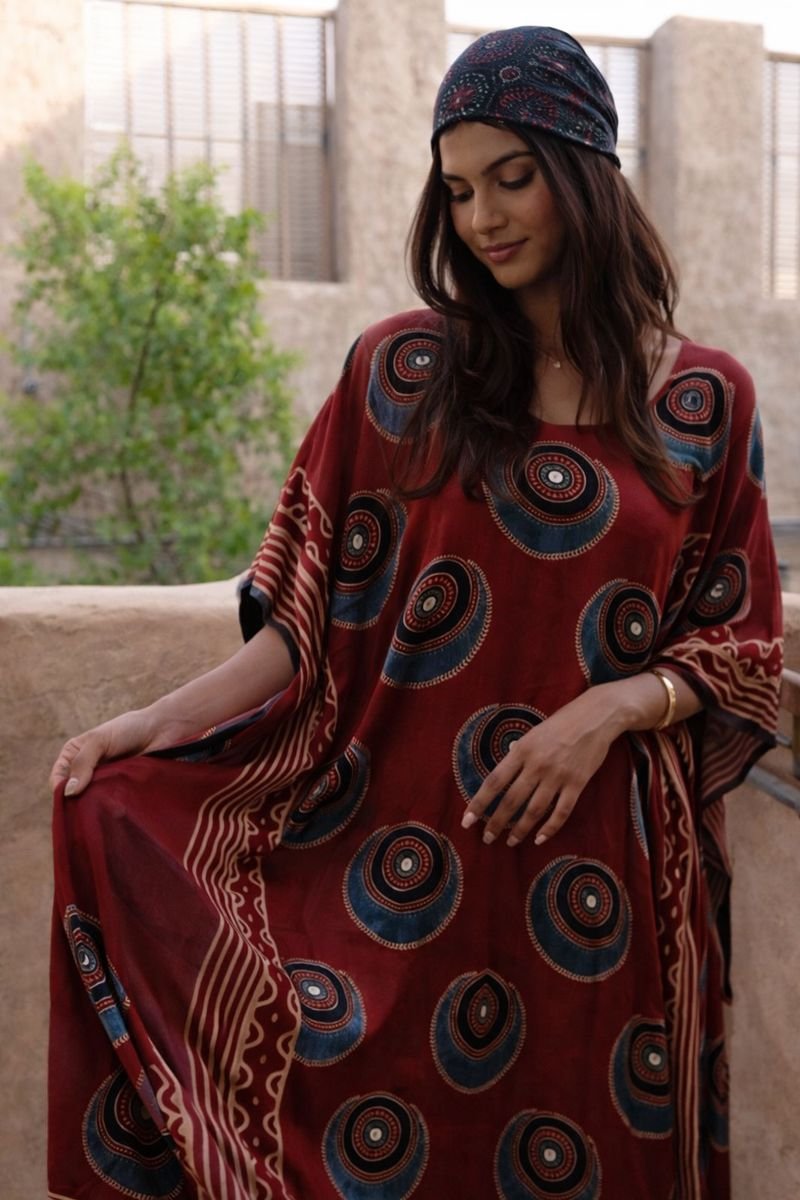 Mud Red ajrakh handblock kaftan - Neela Ghar