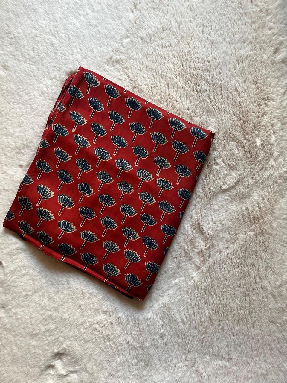 Red lotus Ajrakh Handblock Print Fabric