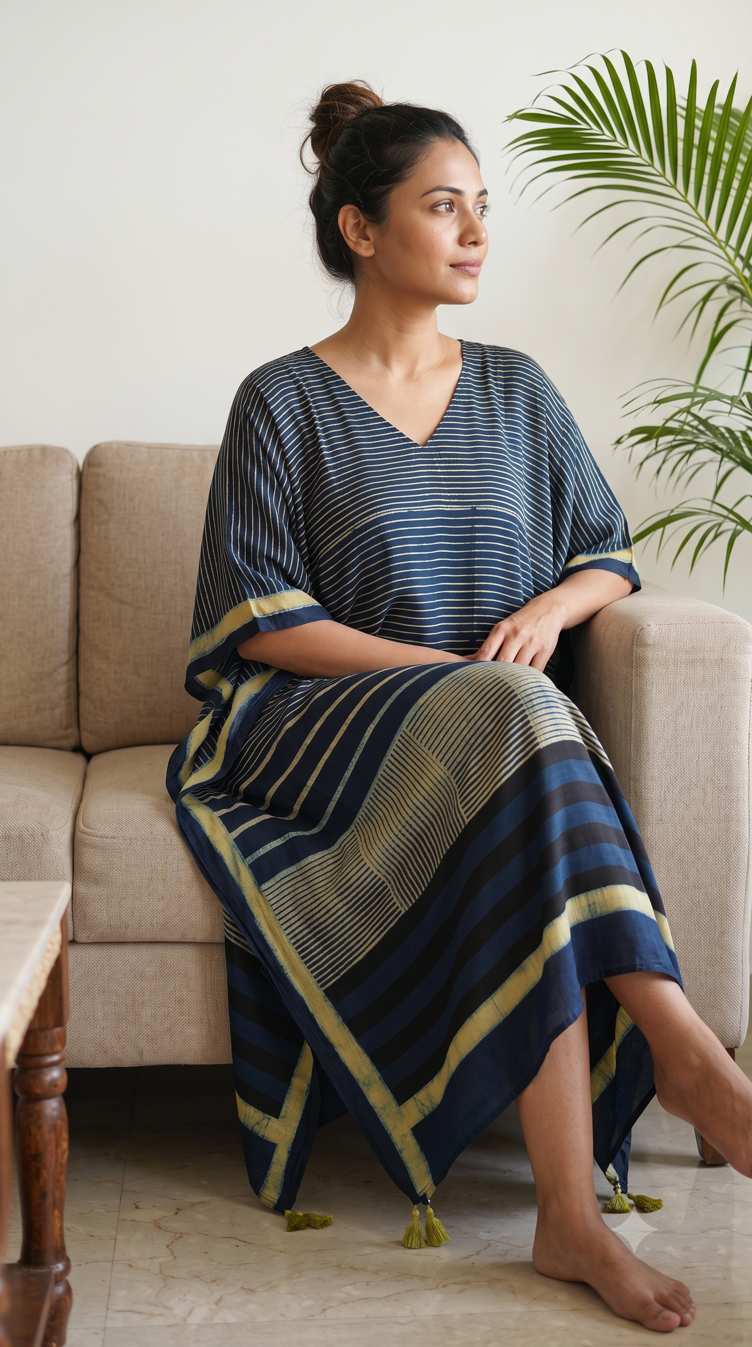 Indigo Microstripes Hand Block Print Ajarakh Kaftan Dress, Modal Silk, Indigo Blue Maxi for Women, Free Size