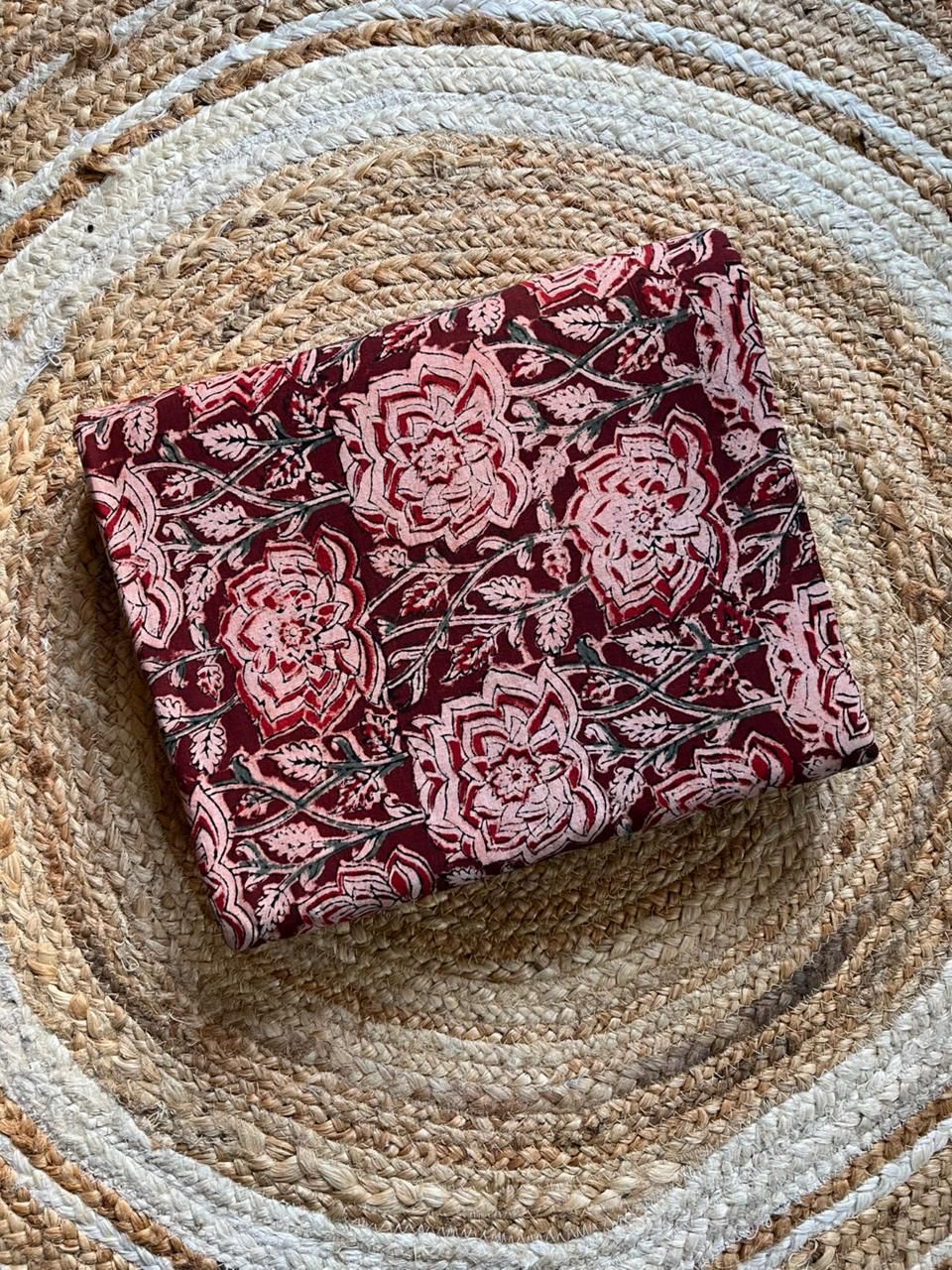 Marooon lotus Handblock Kalamkari Print Fabric - Neela Ghar