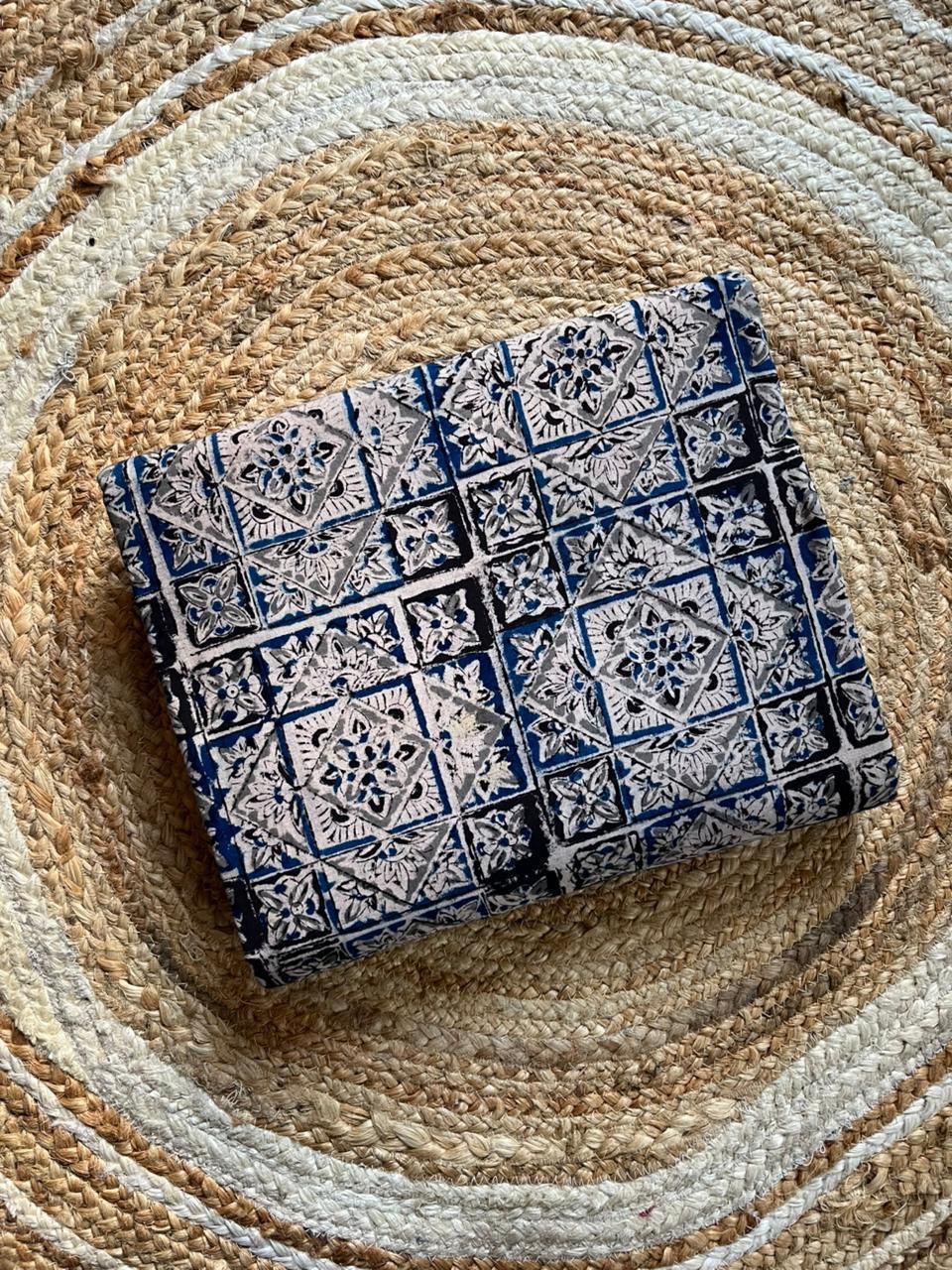 Blue geometric Handblock Kalamkari Print Fabric - Neela Ghar