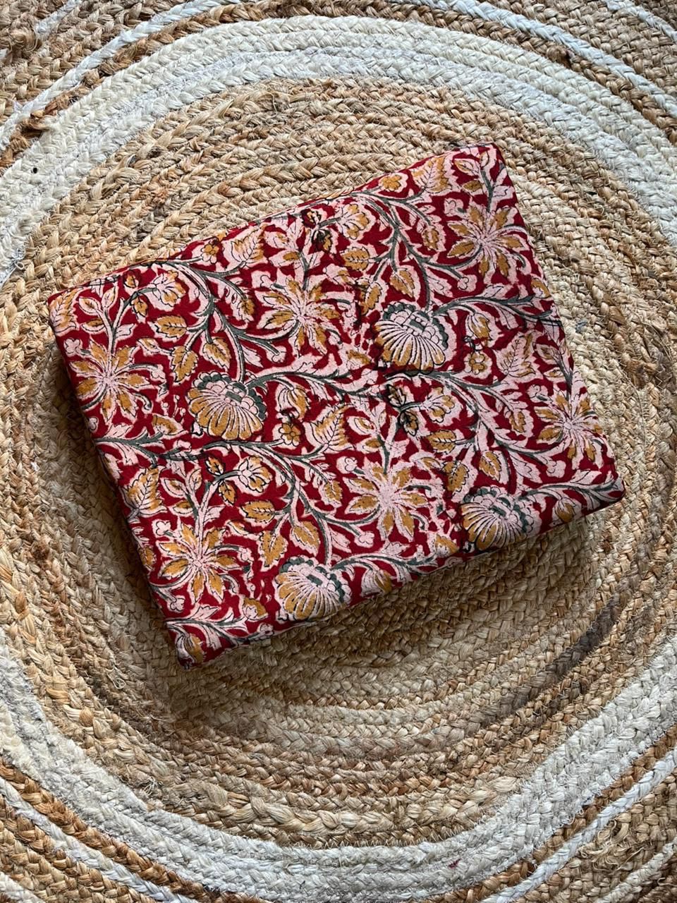 Red daisy Handblock Kalamkari Print Fabric - Neela Ghar