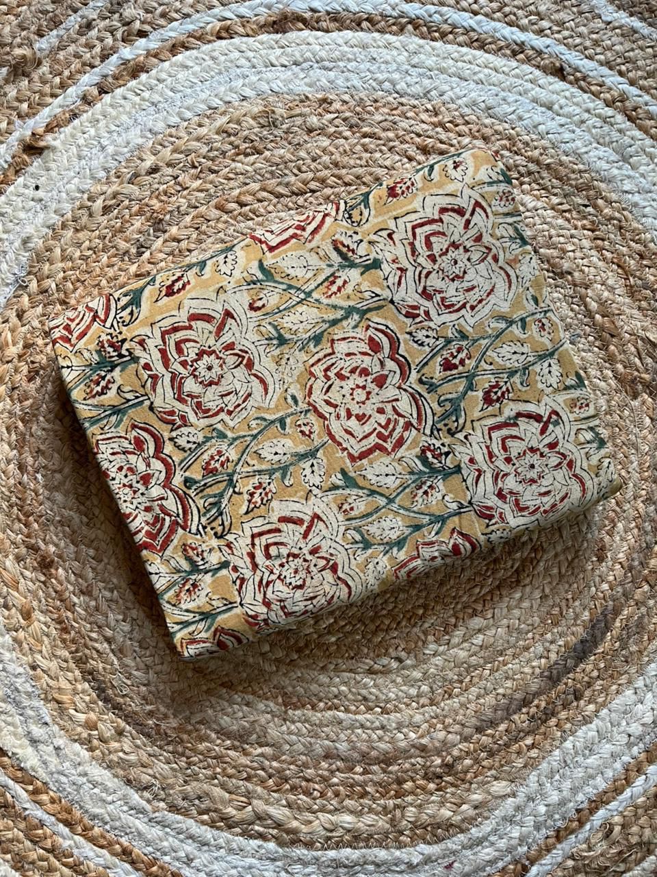 Yellow lotus Handblock Kalamkari Print Fabric