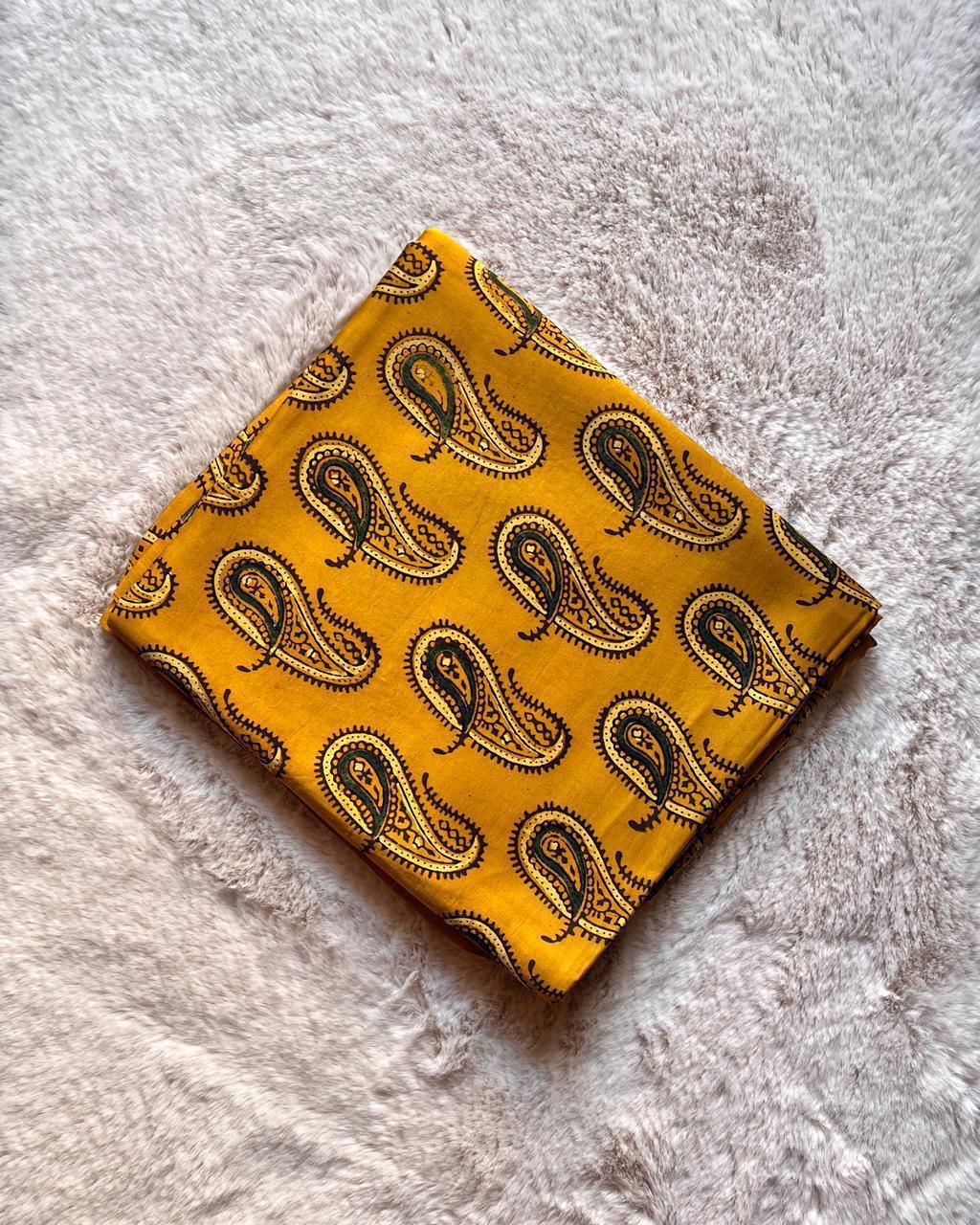 Yellow Paisley Ajrakh Handblock Print Fabric