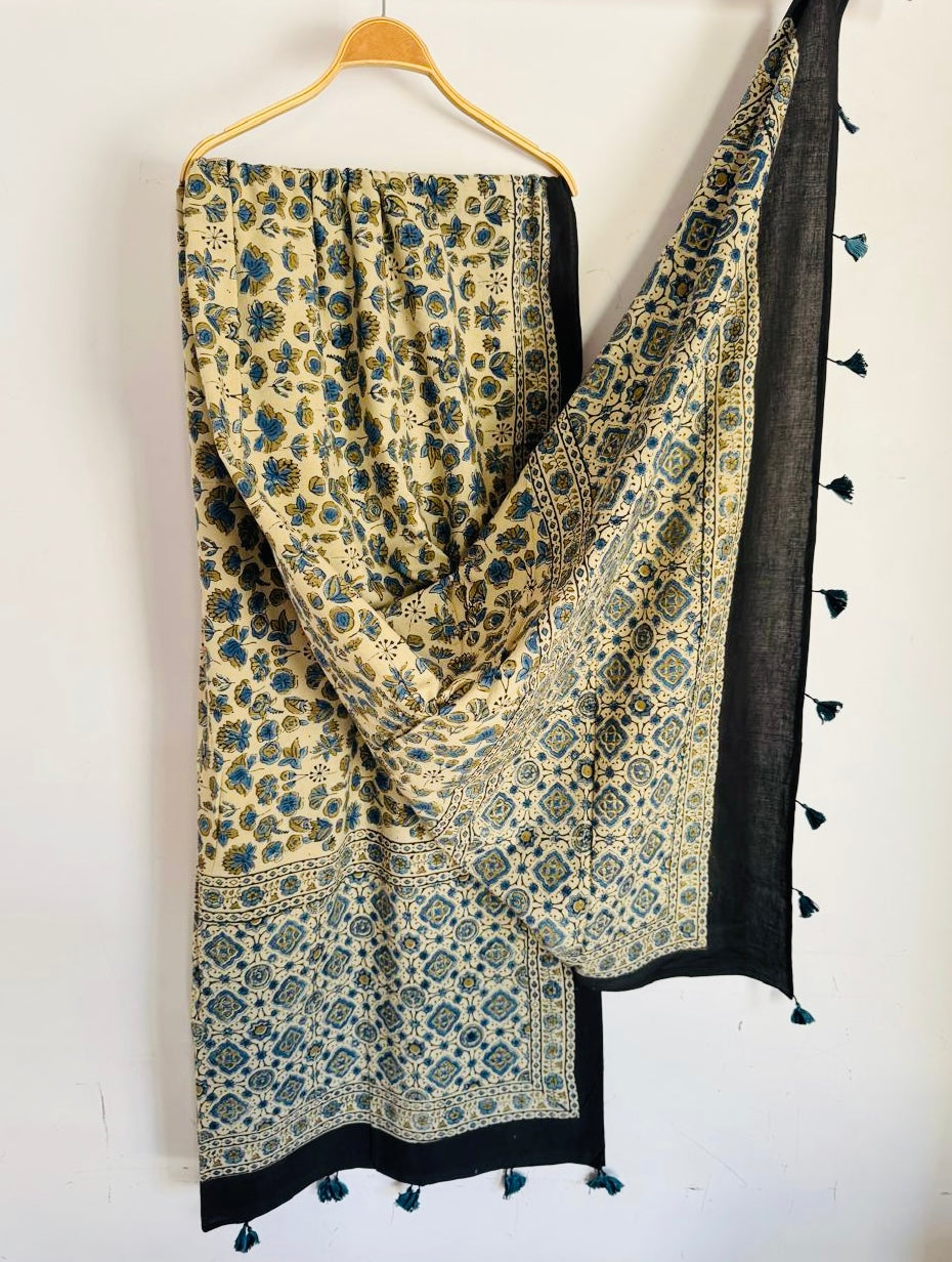 Ajrakh Hand Block Print Natural Dyed Cotton Dupatta With Tassels