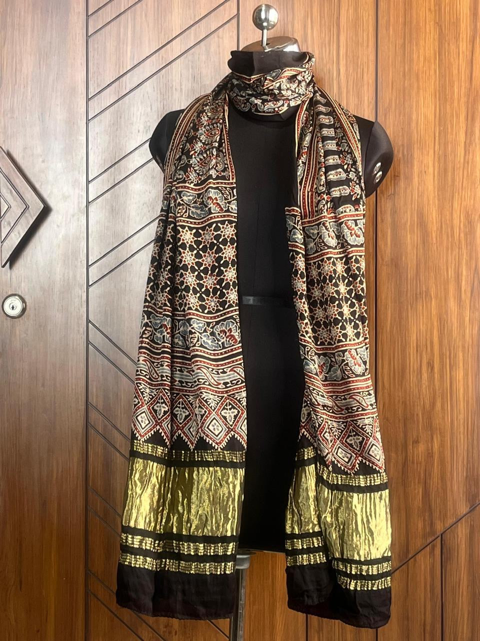 Black Hand Block Print Natural Dyed Modal Silk Ajrakh Stole with Lagdi Patta