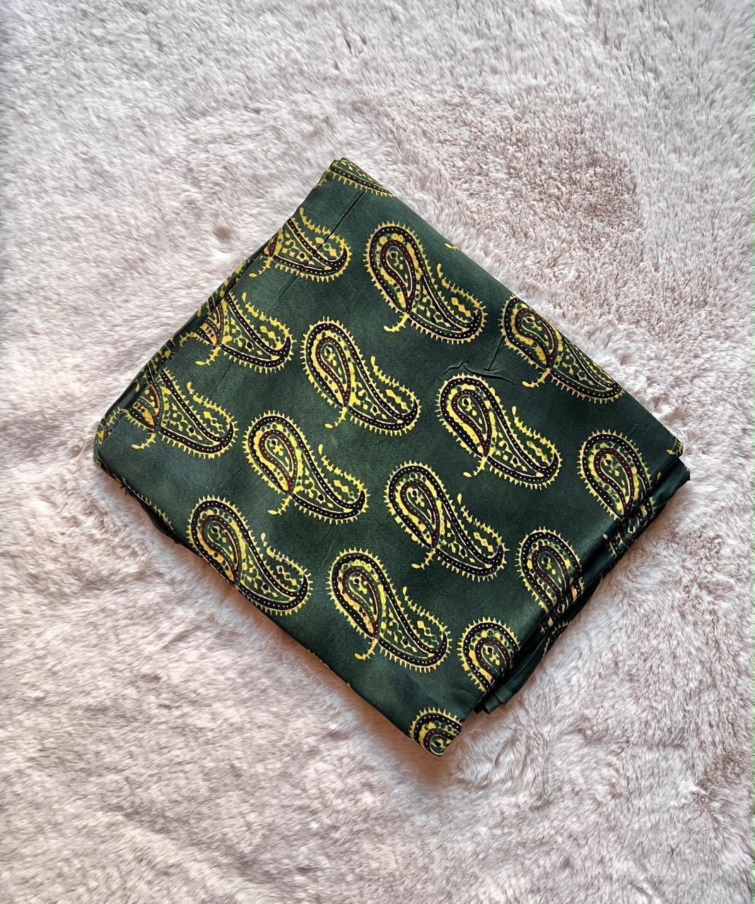 Green Paisley Ajrakh Handblock Print Modalsilk Fabric - Neela Ghar