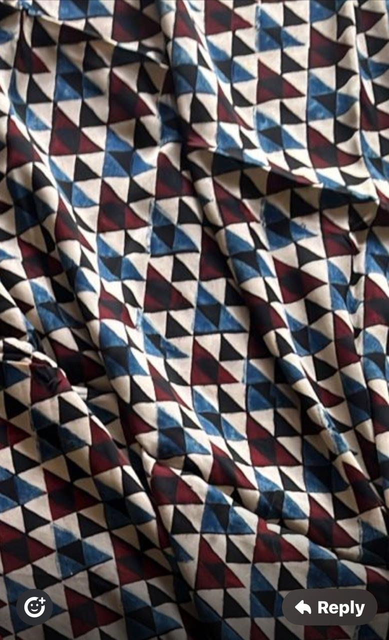 Pyramid Abstract Ajrakh Handblock Print Modalsilk Fabric - Neela Ghar
