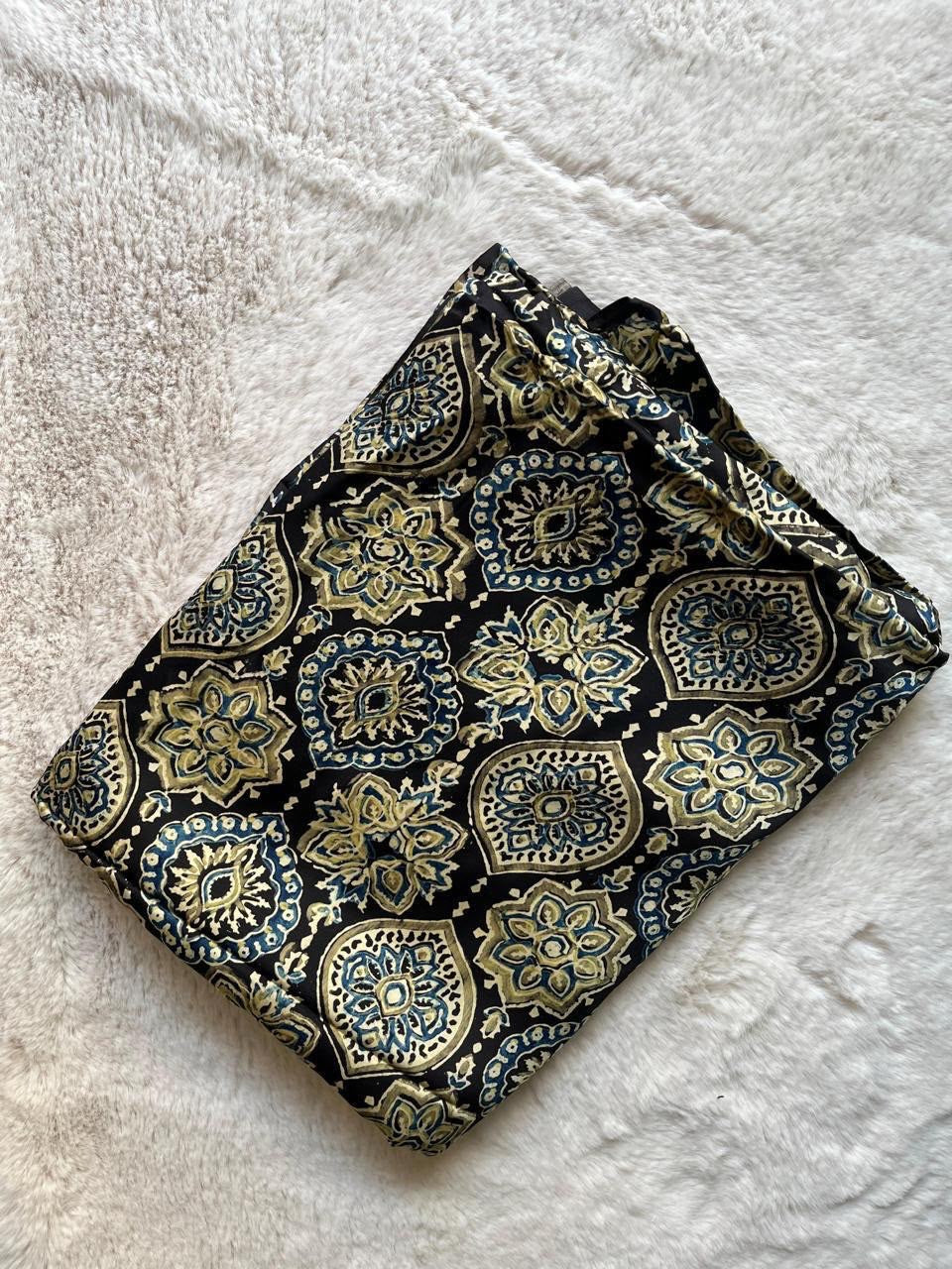 Black/Green Signature  Ajrakh Handblock Print Modalsilk Fabric