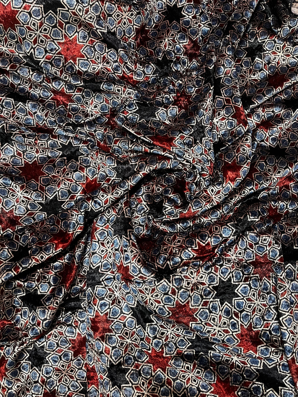 Black Red Star Velvet Natural Dyed Hand Block Print Ajrakh Fabric