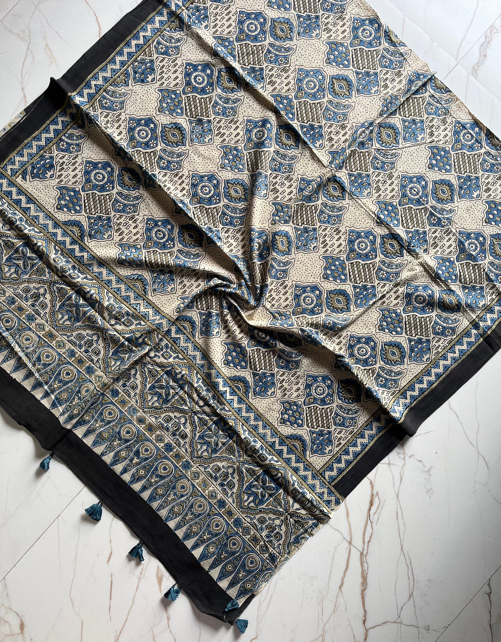 Ajrakh Hand Block Print Natural Dyed Cotton Dupatta With Tassels