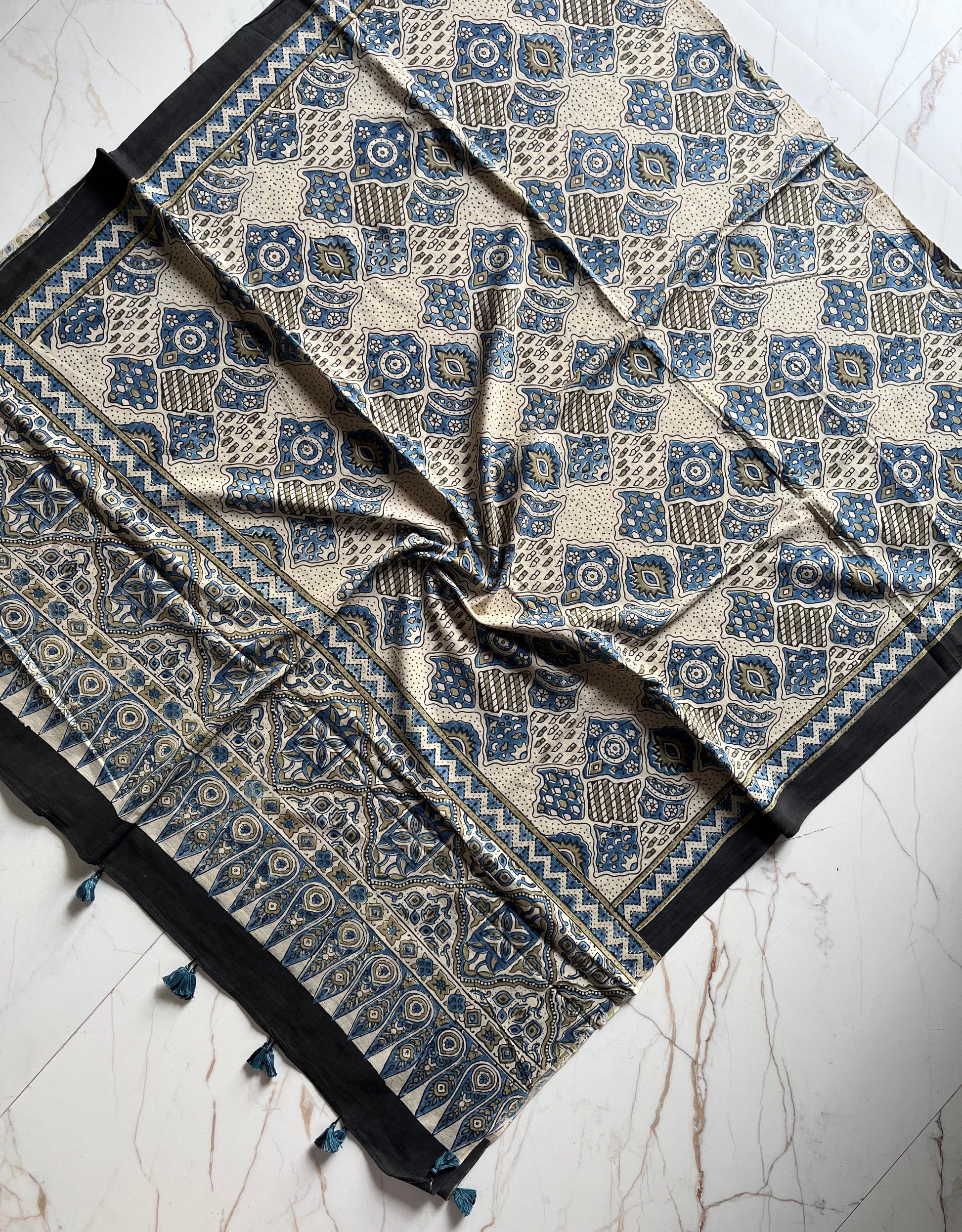 Ajrakh Hand Block Print Natural Dyed Cotton Dupatta With Tassels