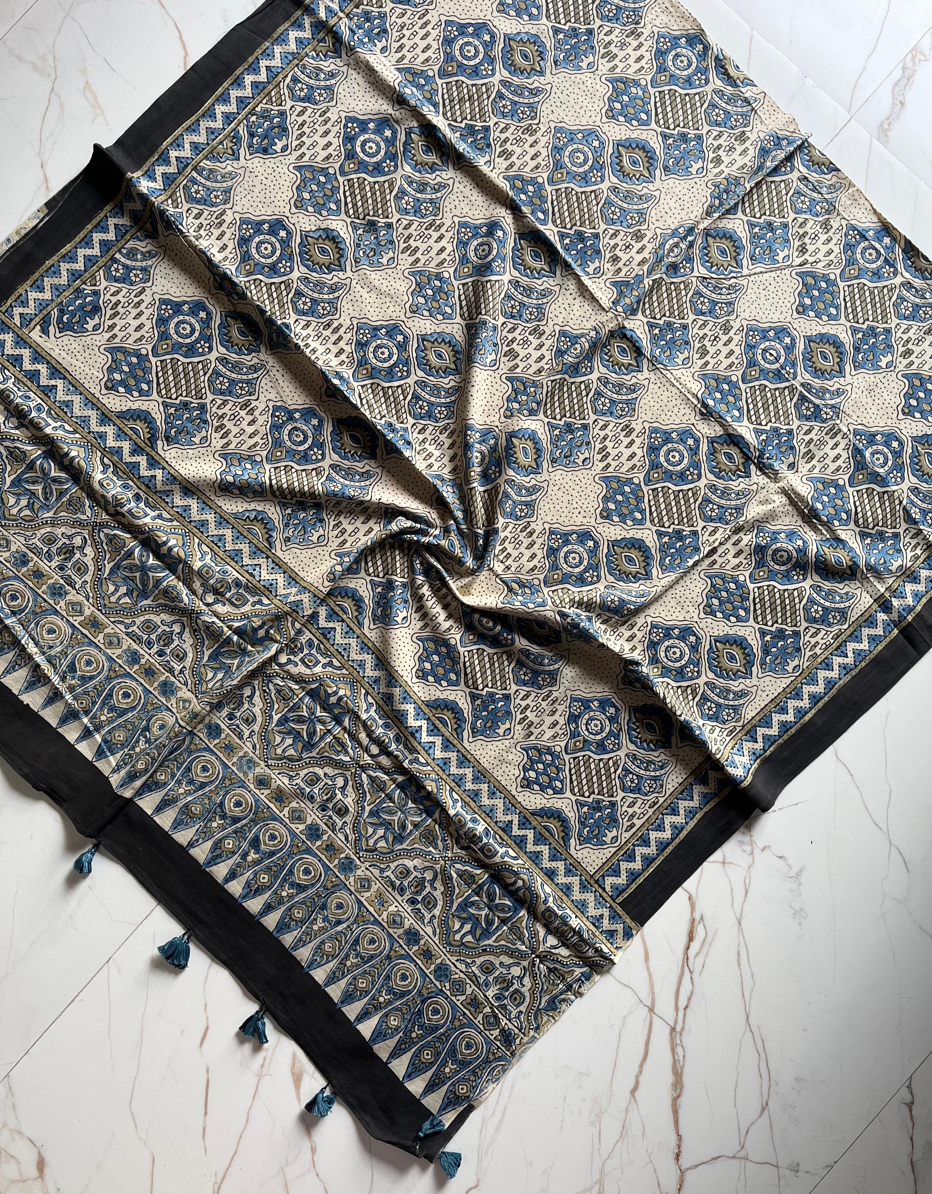 Ajrakh Hand Block Print Natural Dyed Cotton Dupatta With Tassels 105 - Neela Ghar