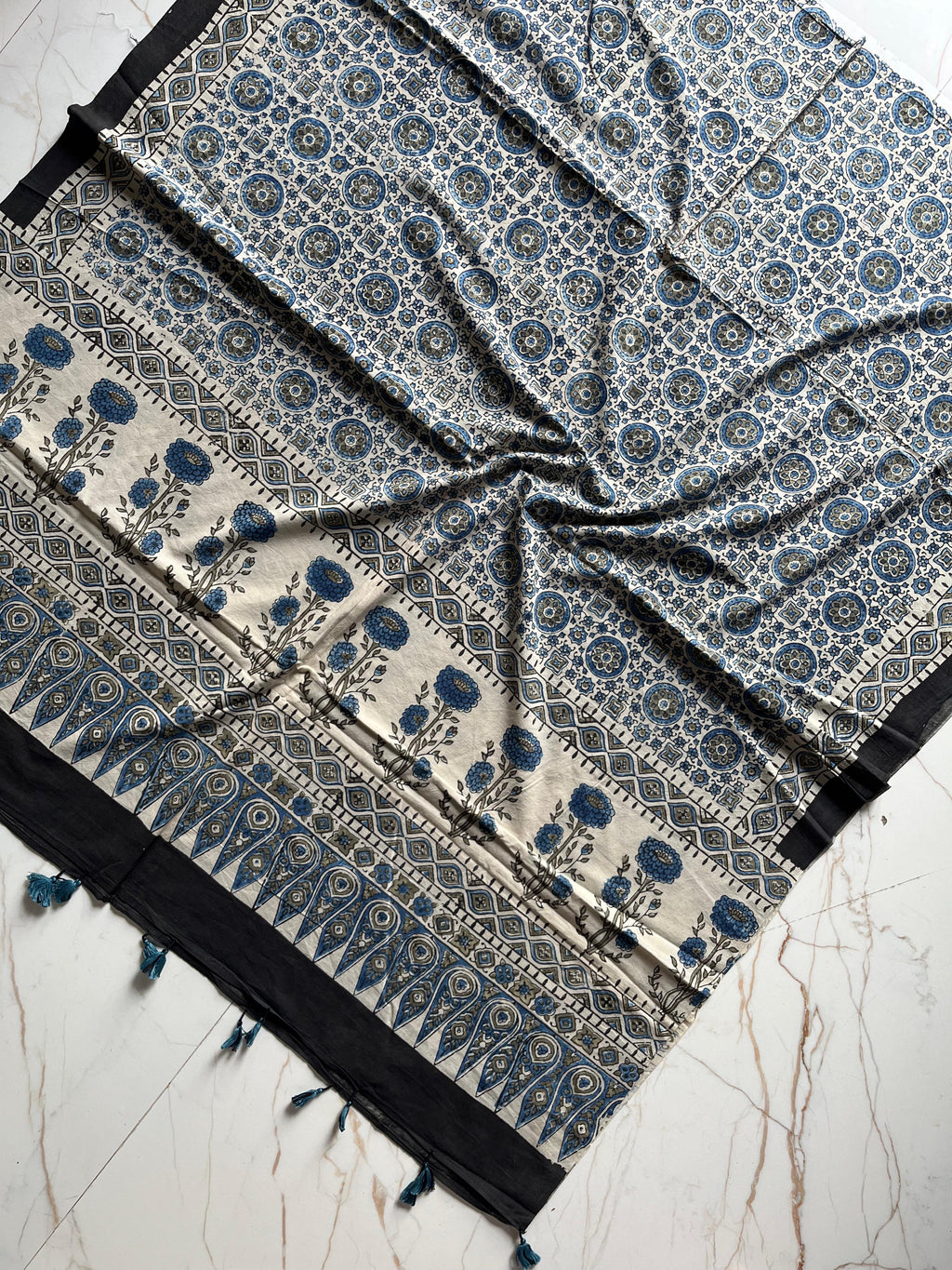 Ajrakh Hand Block Print Natural Dyed Cotton Dupatta With Tassels