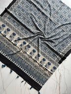 Off-White Natural Ajrakh Hand Block Print Cotton Dupatta with Tassels 114 - Neela Ghar