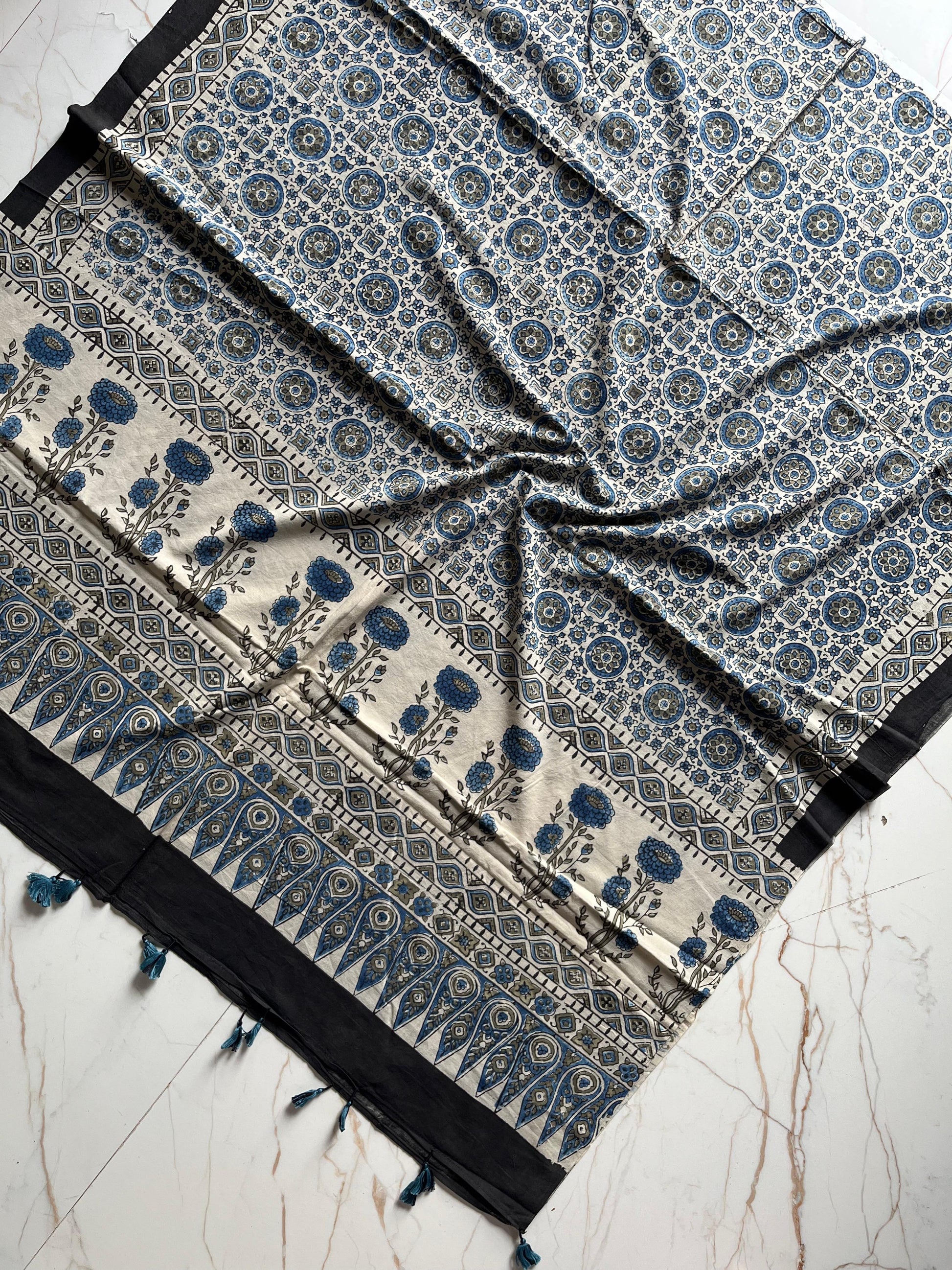 Ajrakh Hand Block Print Natural Dyed Cotton Dupatta With Tassels