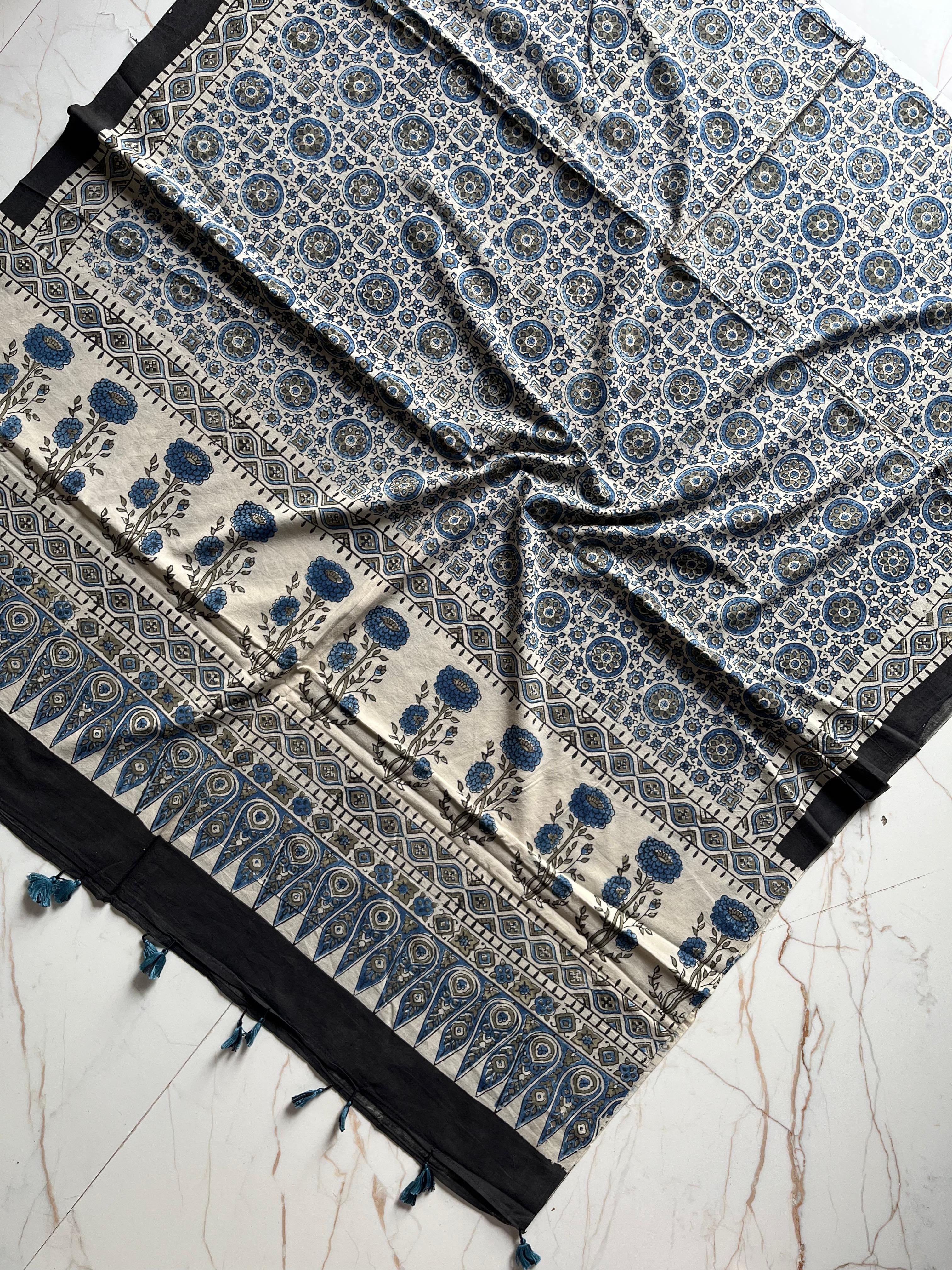 Off-White Natural Ajrakh Hand Block Print Cotton Dupatta with Tassels 114 - Neela Ghar