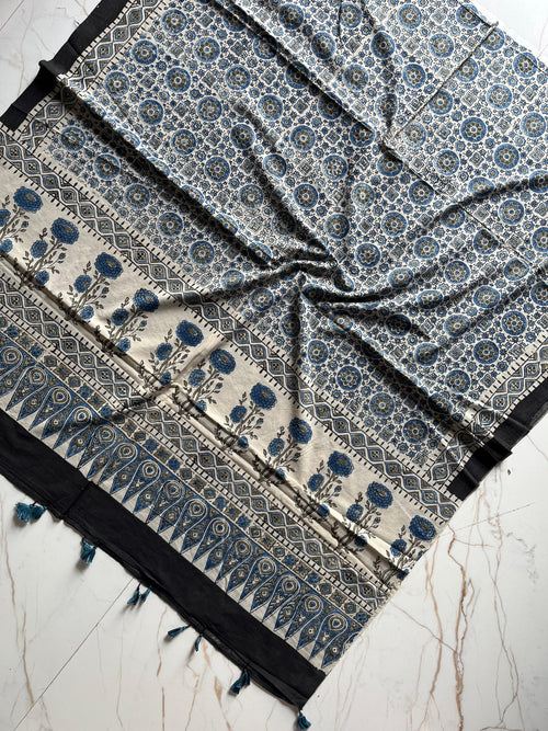 Ajrakh Hand Block Print Natural Dyed Cotton Dupatta With Tassels