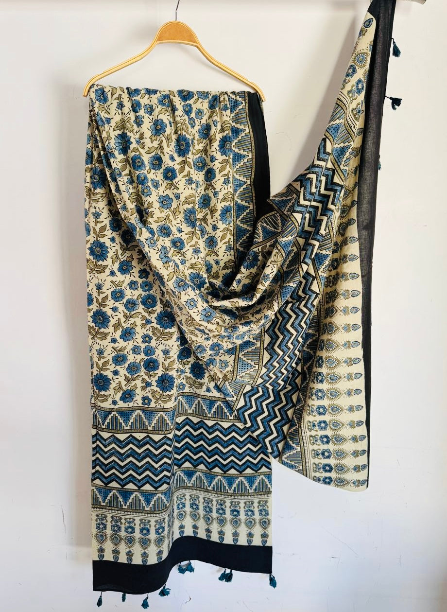 Ajrakh Hand Block Print Natural Dyed Cotton Dupatta With Tassels