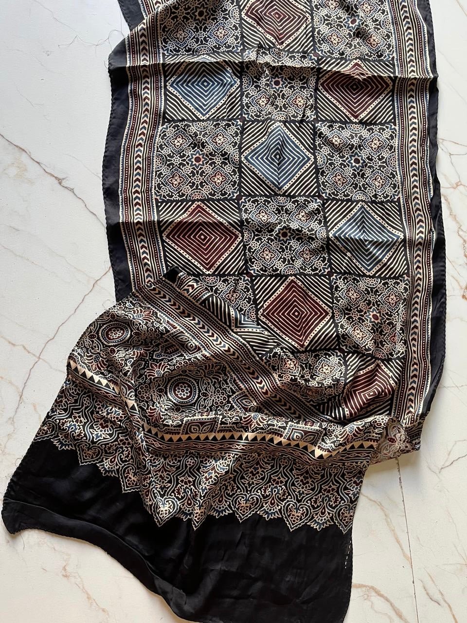 Black Diamond Ajrakh Hand Block Printed Natural Dyed Modal Silk Stole - Neela Ghar