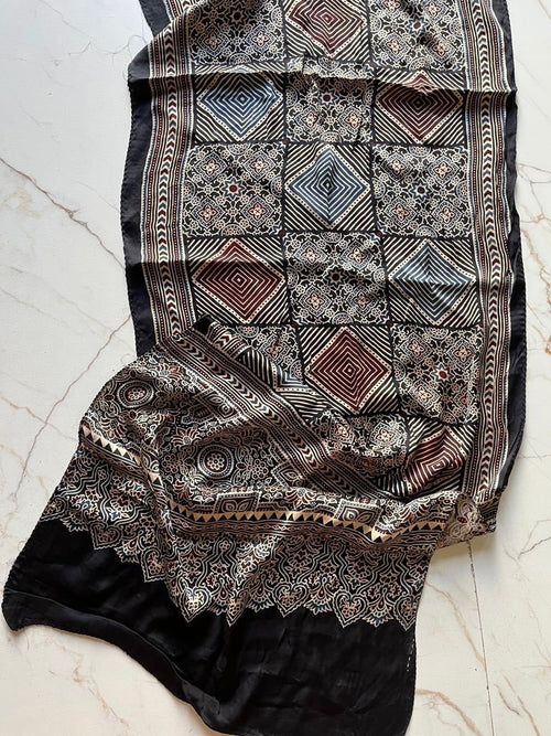Black Diamond Ajrakh Hand Block Printed Natural Dyed Modal Silk Stole - Neela Ghar