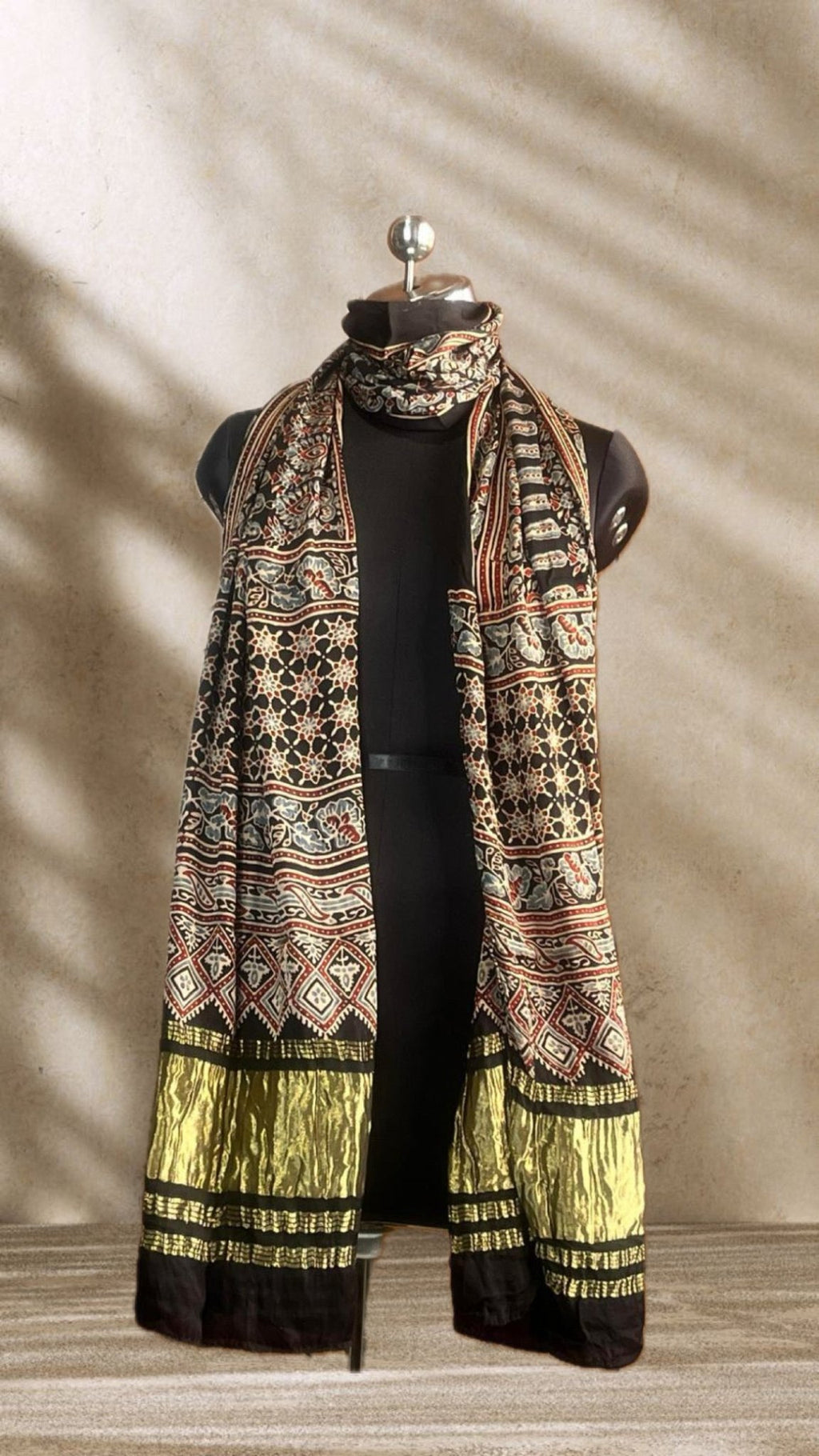 Black Hand Block Print Natural Dyed Modal Silk Ajrakh Stole with Lagdi Patta - Neela Ghar